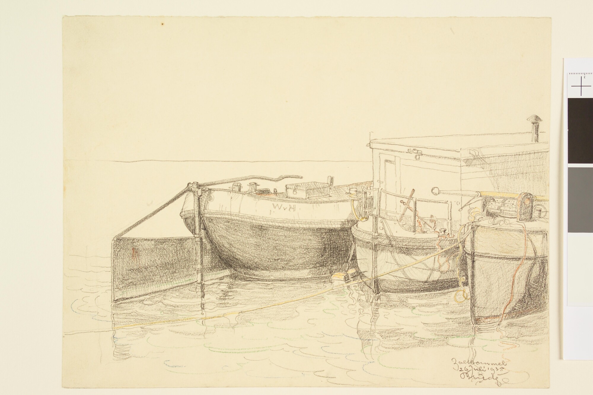 A.4894(17); Een binnenschip, een kantoorboot en een kabellegger in Zaltbommel, 1935; tekening