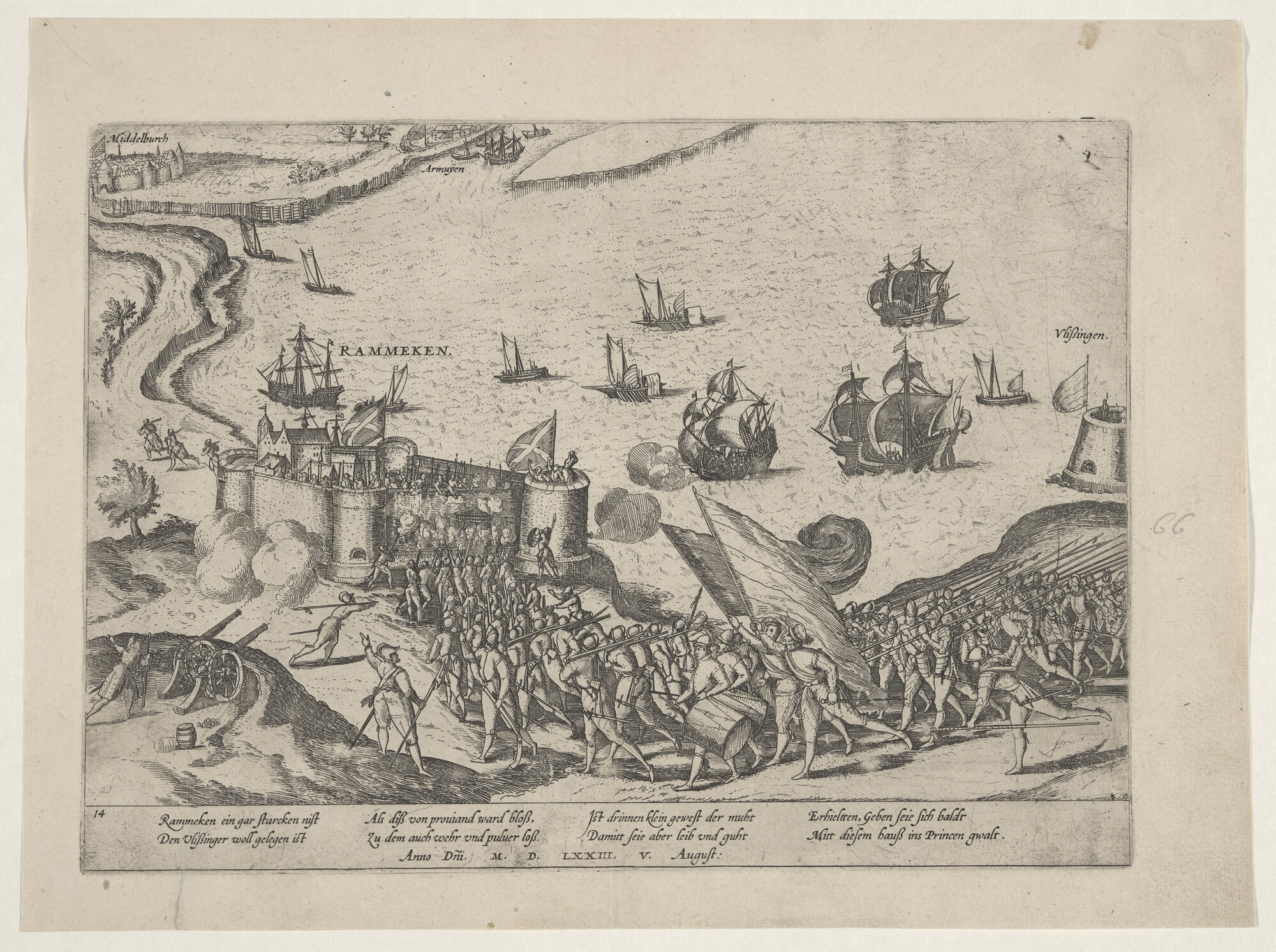 A.0145(027)129; Rammekens gaat aan de Prins over, 5 augustus 1573; prent