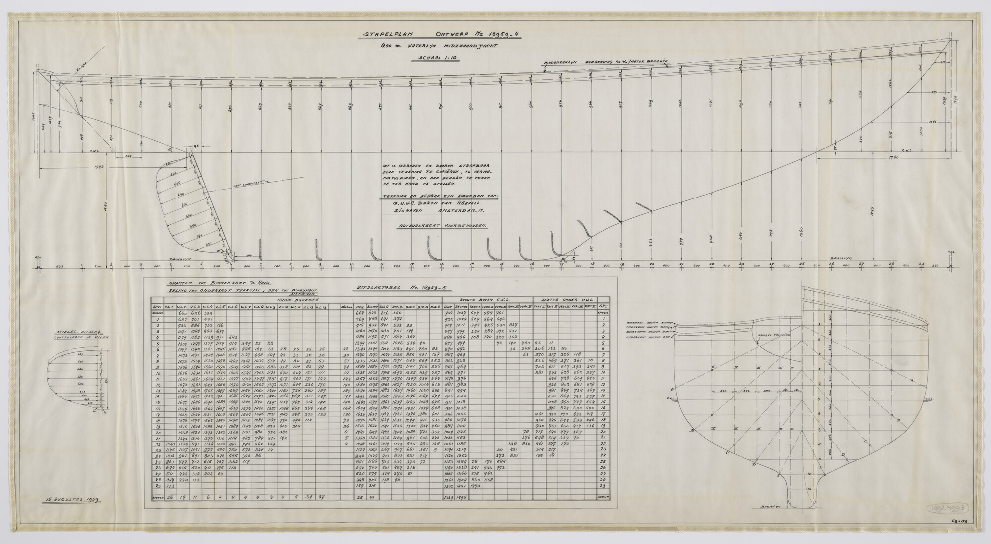 1993.4993; Stapelplan en uitslagtabel midzwaardyawl 'Dik Trom'; technische tekening