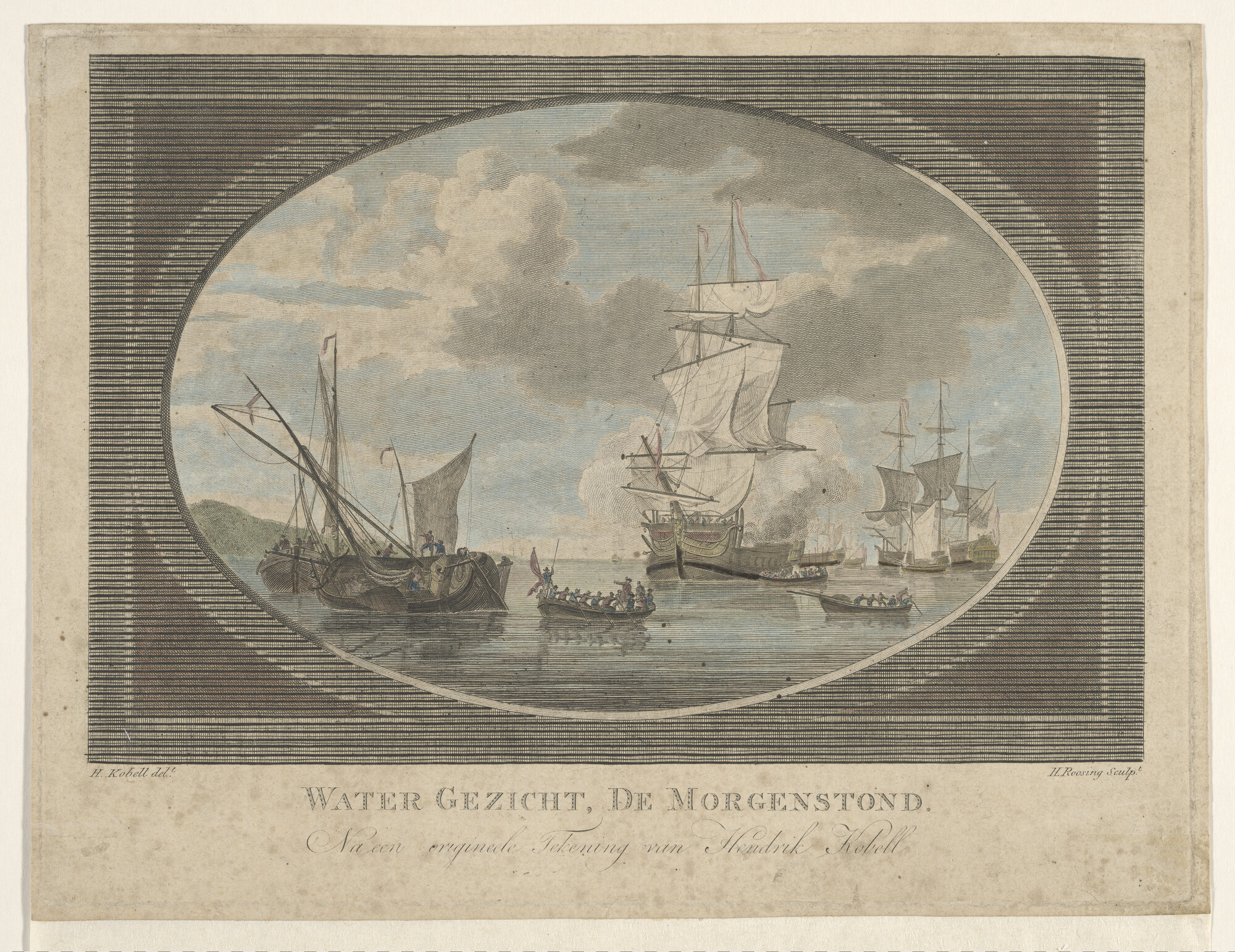 A.0356(28)2; Watergezicht, de morgenstond: met rechts van het midden een oorlogsschip en; prent