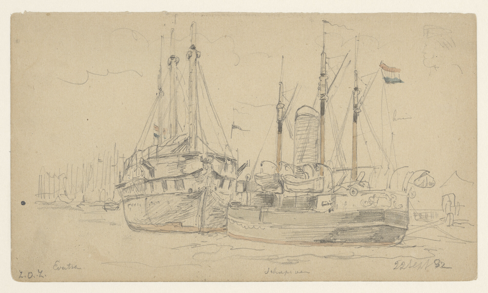 S.2336(03); Zr.Ms. 'Evertsen' en Zr.Ms. 'Schorpioen' in een haven; tekening
