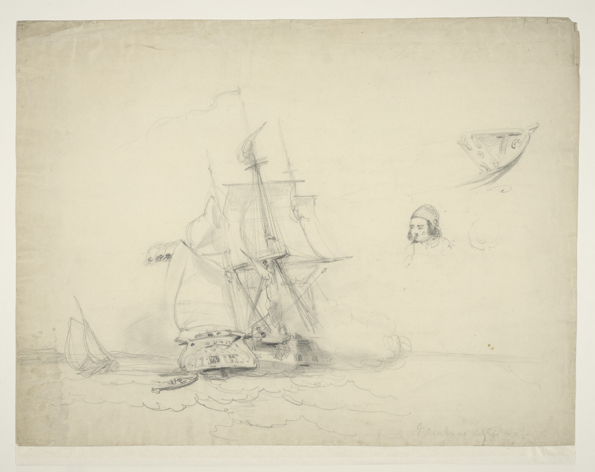 A.1820 [nr 0002]; Een Brits barkschip onder zeil; tekening