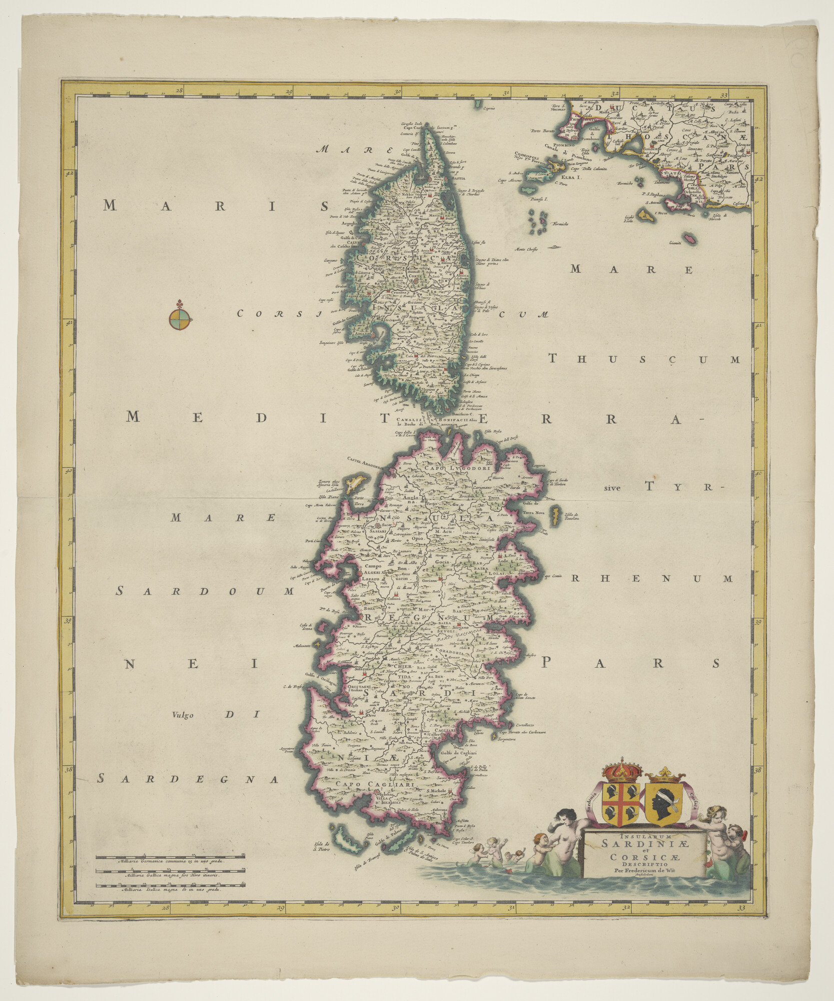 A.3845(01)041; Met de hand gekleurde kaart van Sardinië en Corsica; landkaart