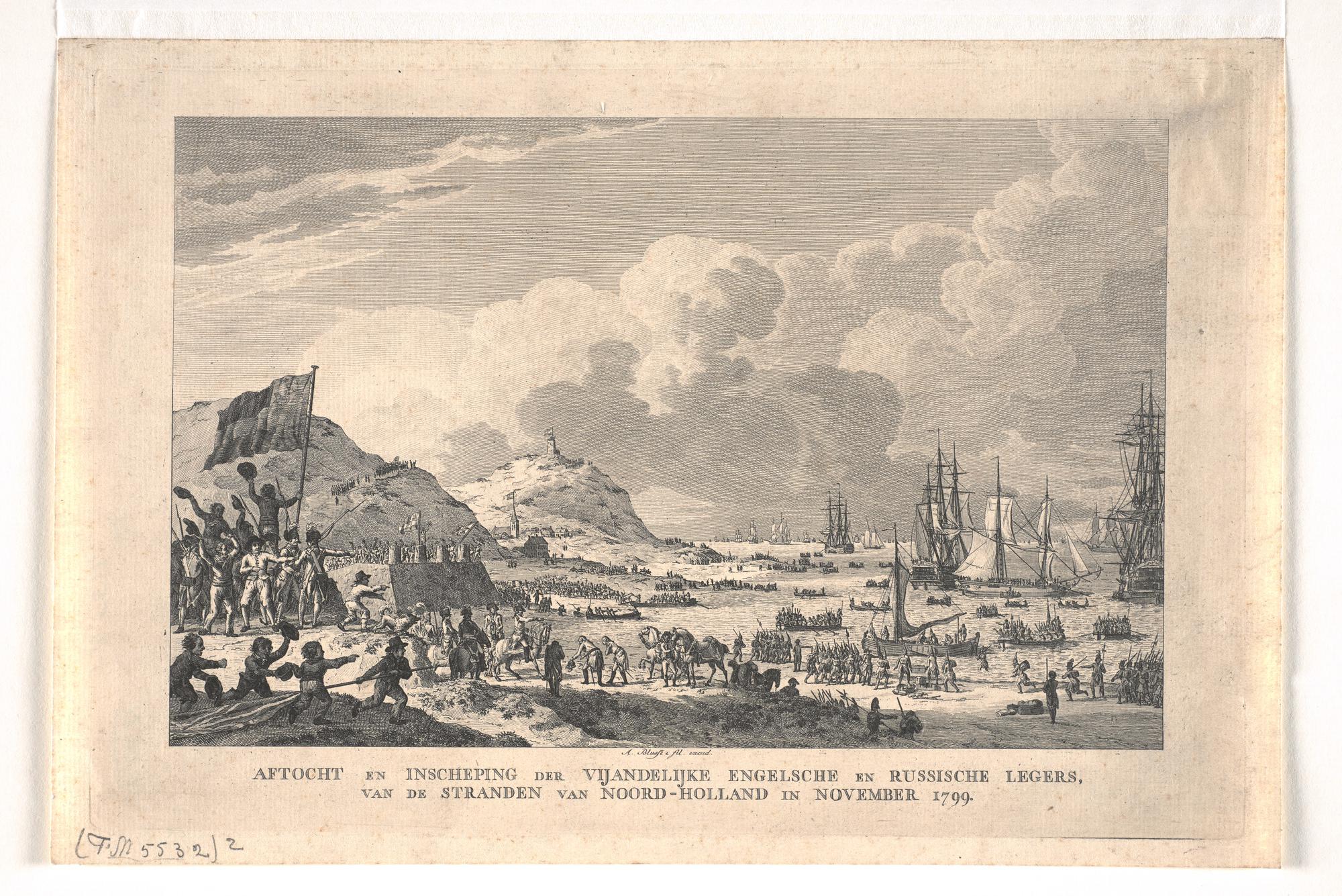 A.2071; Aftocht en inscheping van de vijandelijke Engelse en Russische legers van de stranden van Noord-Holland; prent