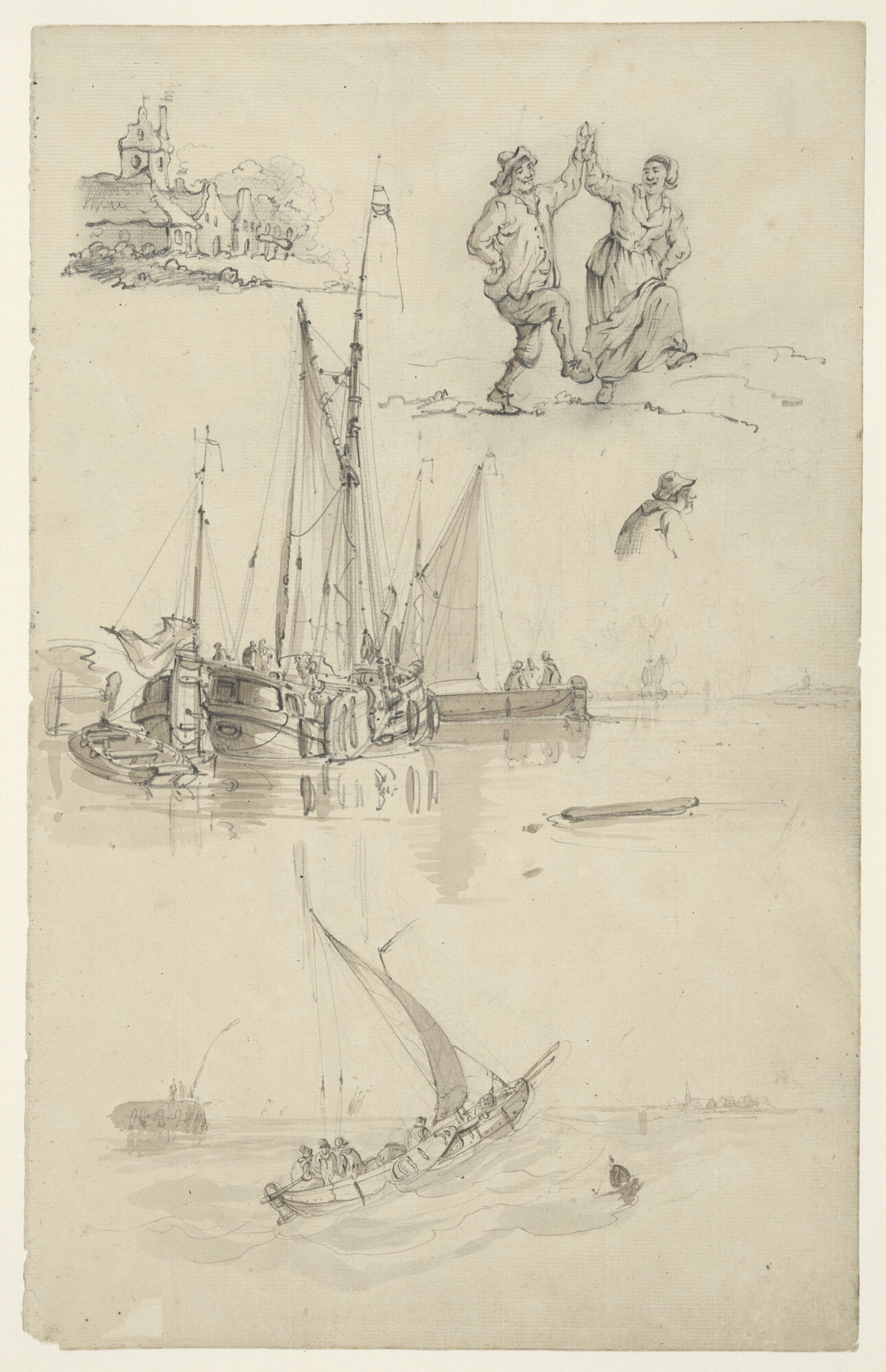 A.0149(0365); Schetsblad met diverse voorstellingen: een dorpsgezicht; tekening