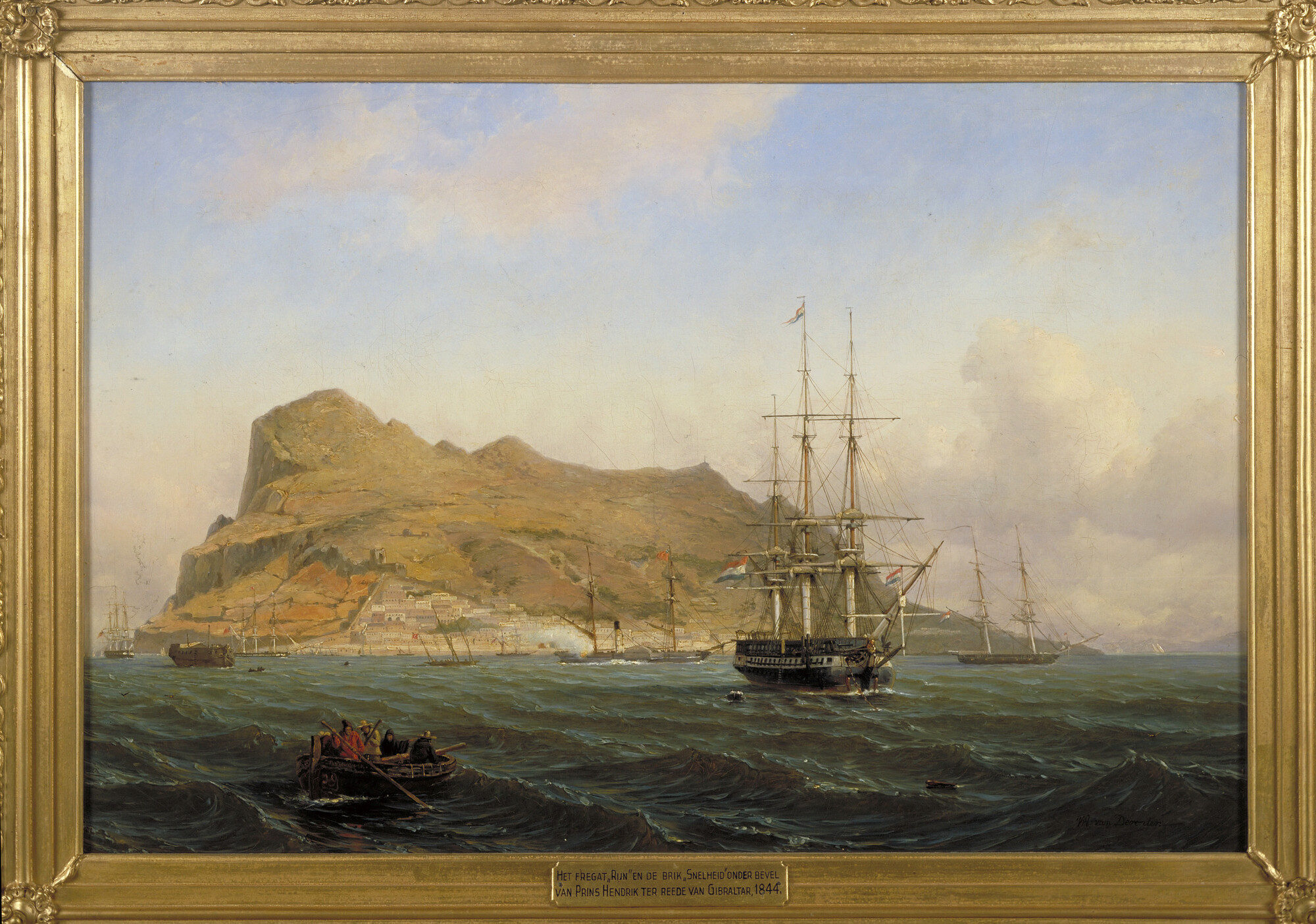 A.0529; Het fregat Zr.Ms. Rijn en de brik Zr.Ms. De Snelheid van het eskader van kapitein-ter-zee prins Hendrik; schilderij