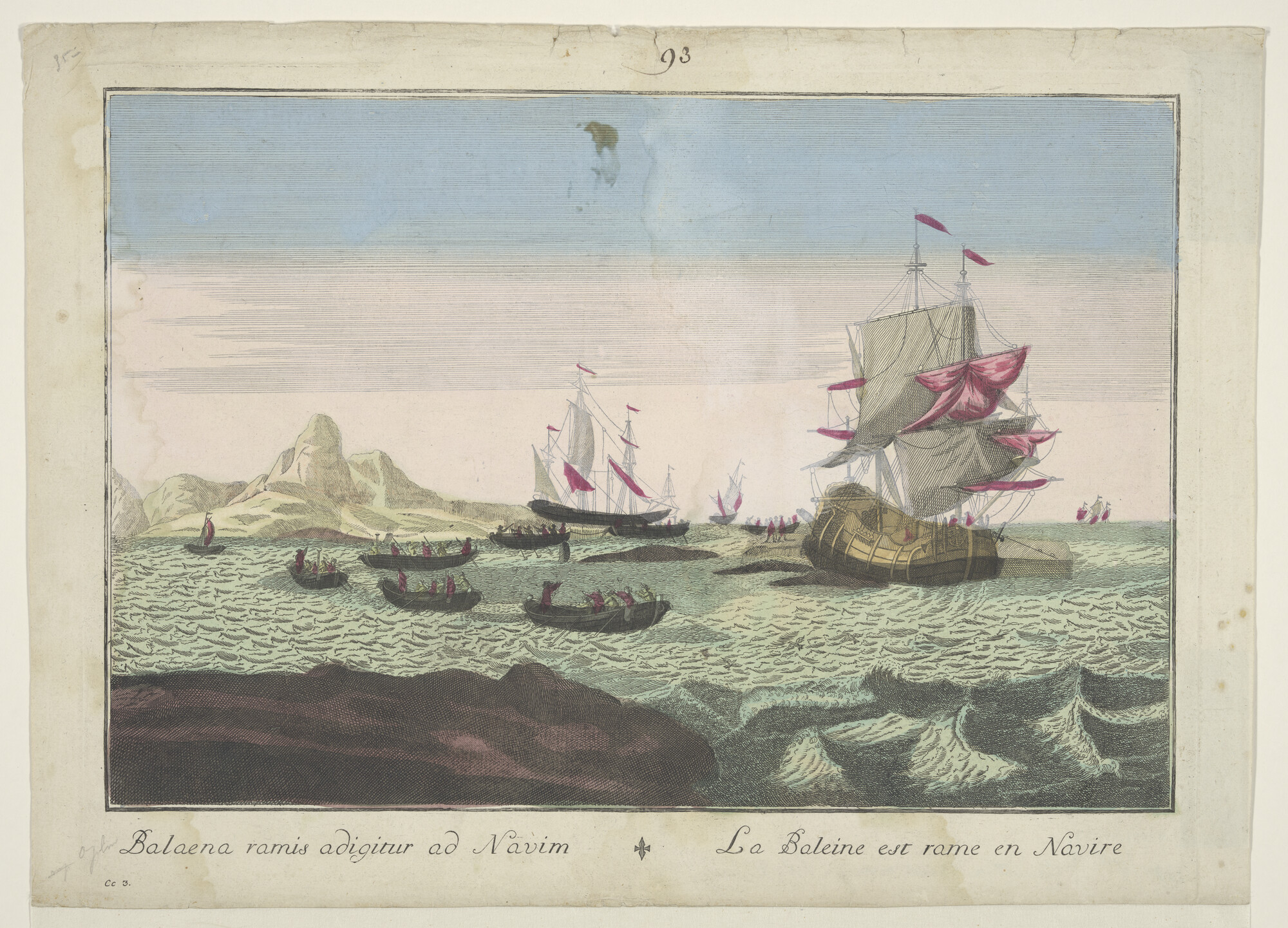 A.2897(04)d 7; De Walvisvangst: de walvis wordt naar het schip geroeid; prent