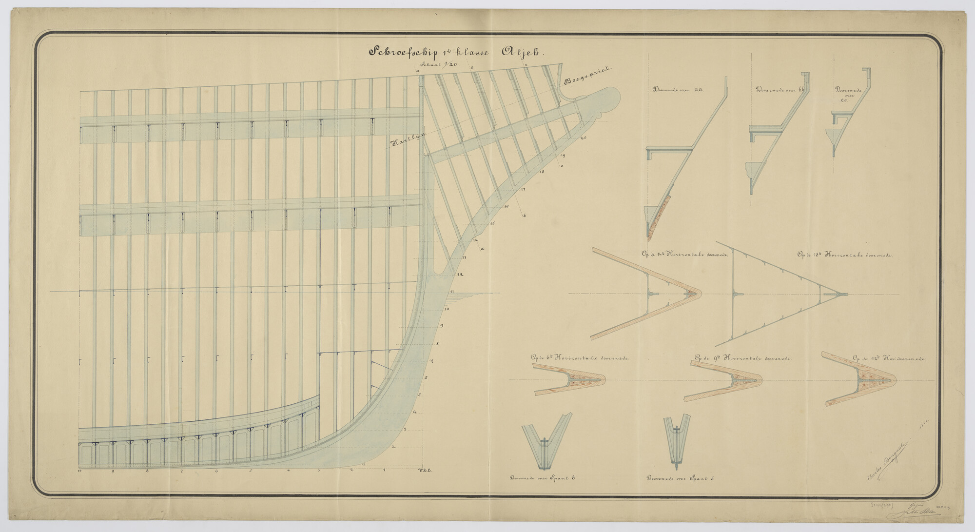 S.2175(2070); Verticale langsdoorsnede over de voorsteven van het schroefstoomschip der eerste klasse Zr.Ms. 'Atjeh'; technische tekening