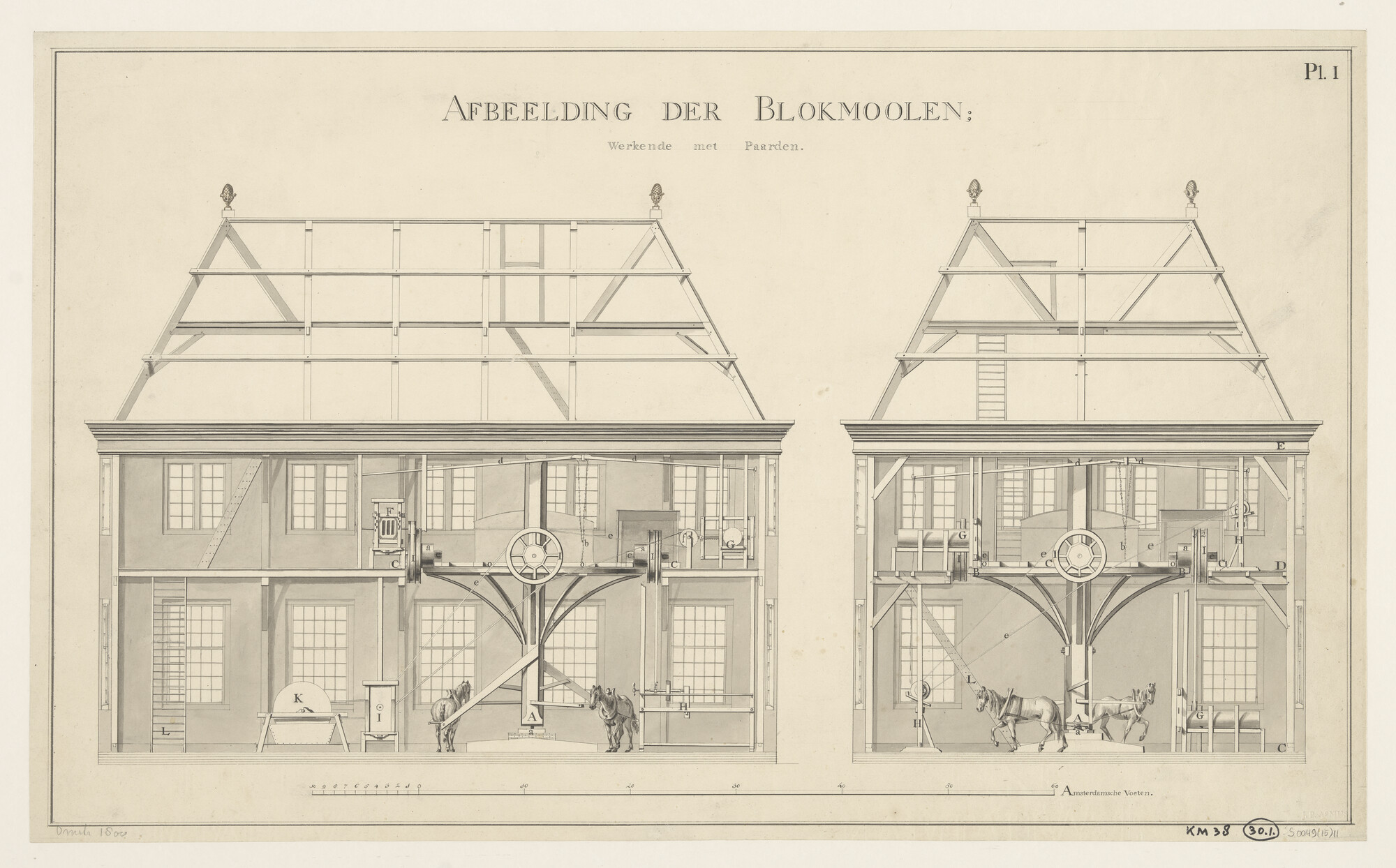 S.0049(15)11; Afbeelding van een blokmolen werkende met paarden; technische tekening