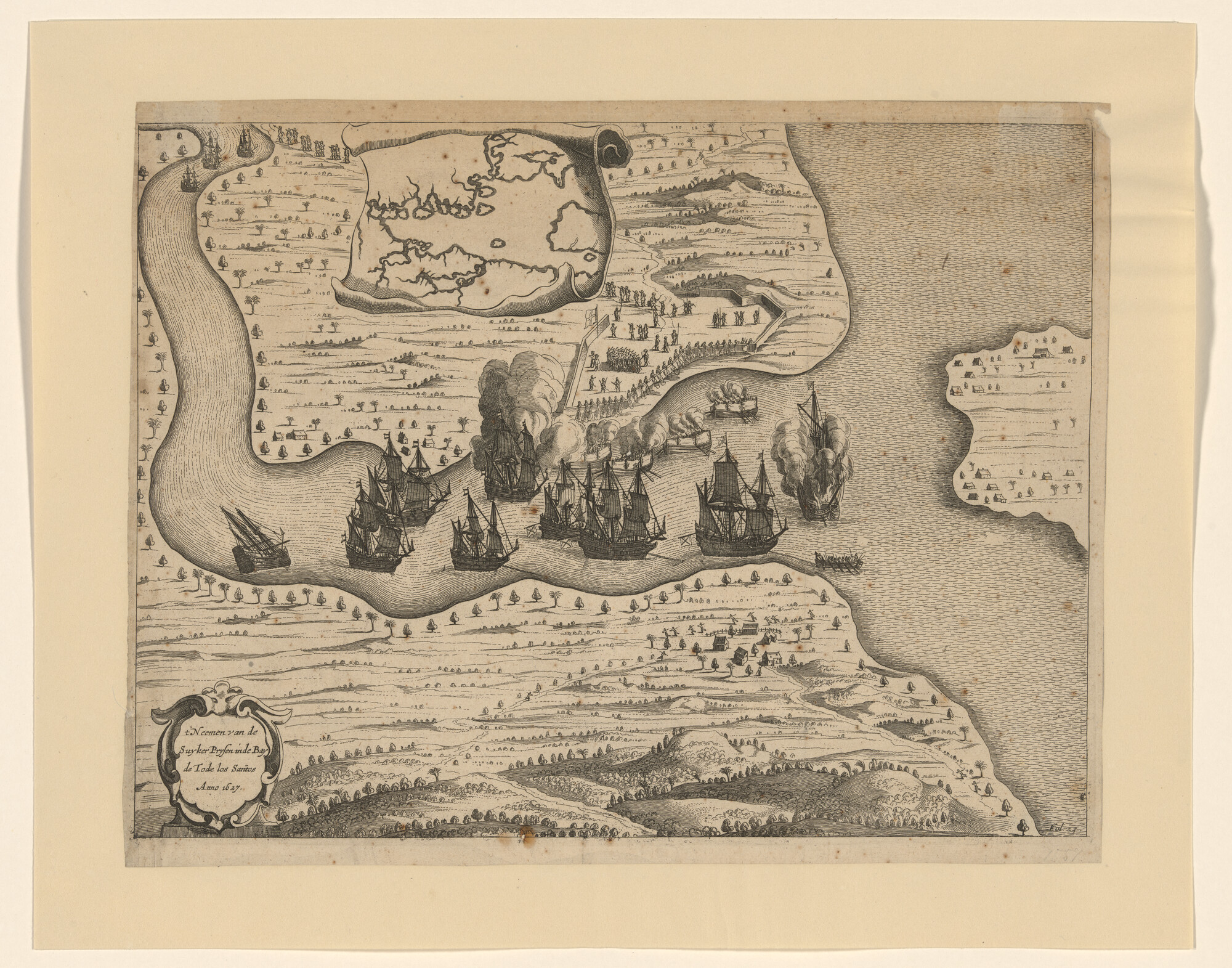 S.1282 [nr 0003]; Het veroveren van twee schepen in de Allerheiligenbaai (het nemen van de suikerprijs), 1627; prent