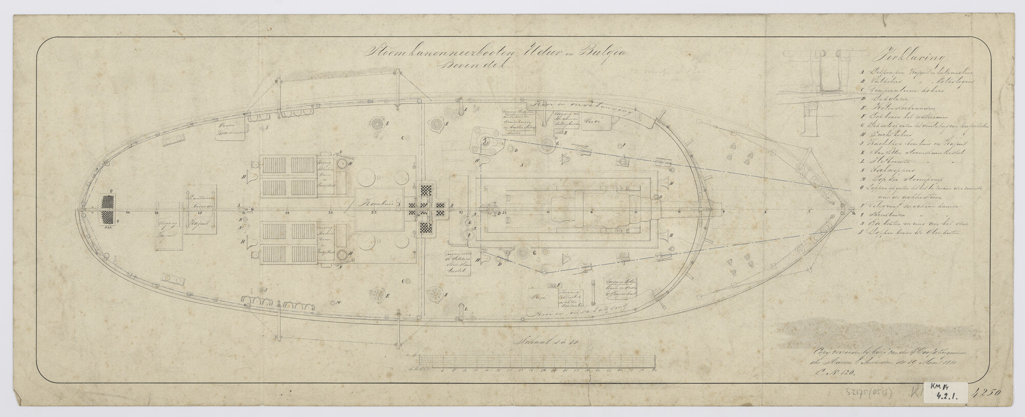 S.2175(0515); Bovendek van de stoomkanonneerboten Zr.Ms. 'Udur' en Zr.Ms. 'Bulgia'; technische tekening