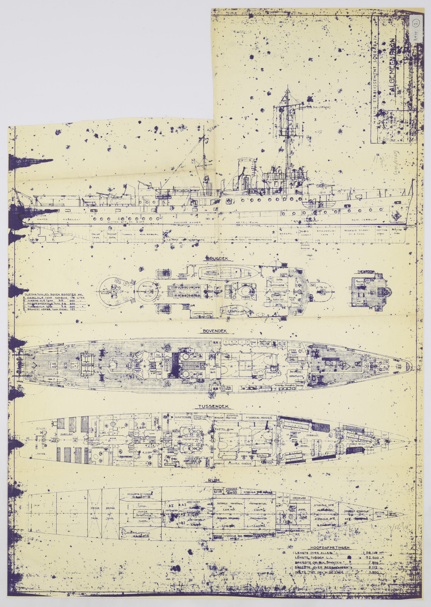 S.2175(5568); Algemeen Plan met indelingstekening van de dekken van de mijnenveger Hr.Ms. 'Abraham Crijnssen'; technische tekening