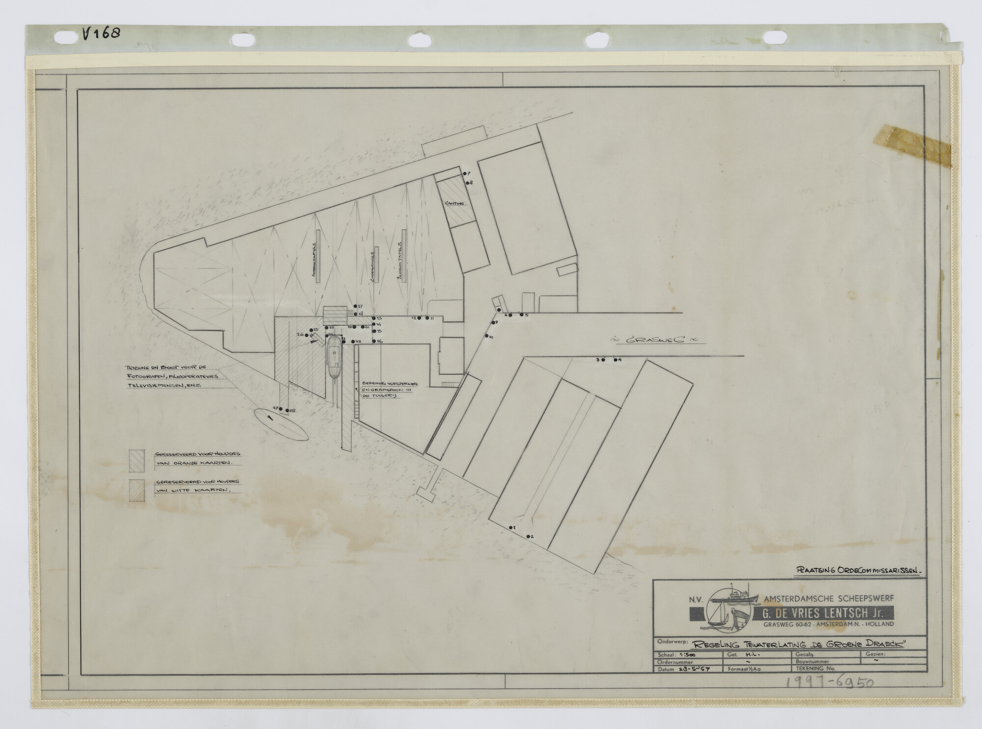 1997.6950; Indeling van de werf voor de tewaterlating van de 'Groene Draeck'; technische tekening