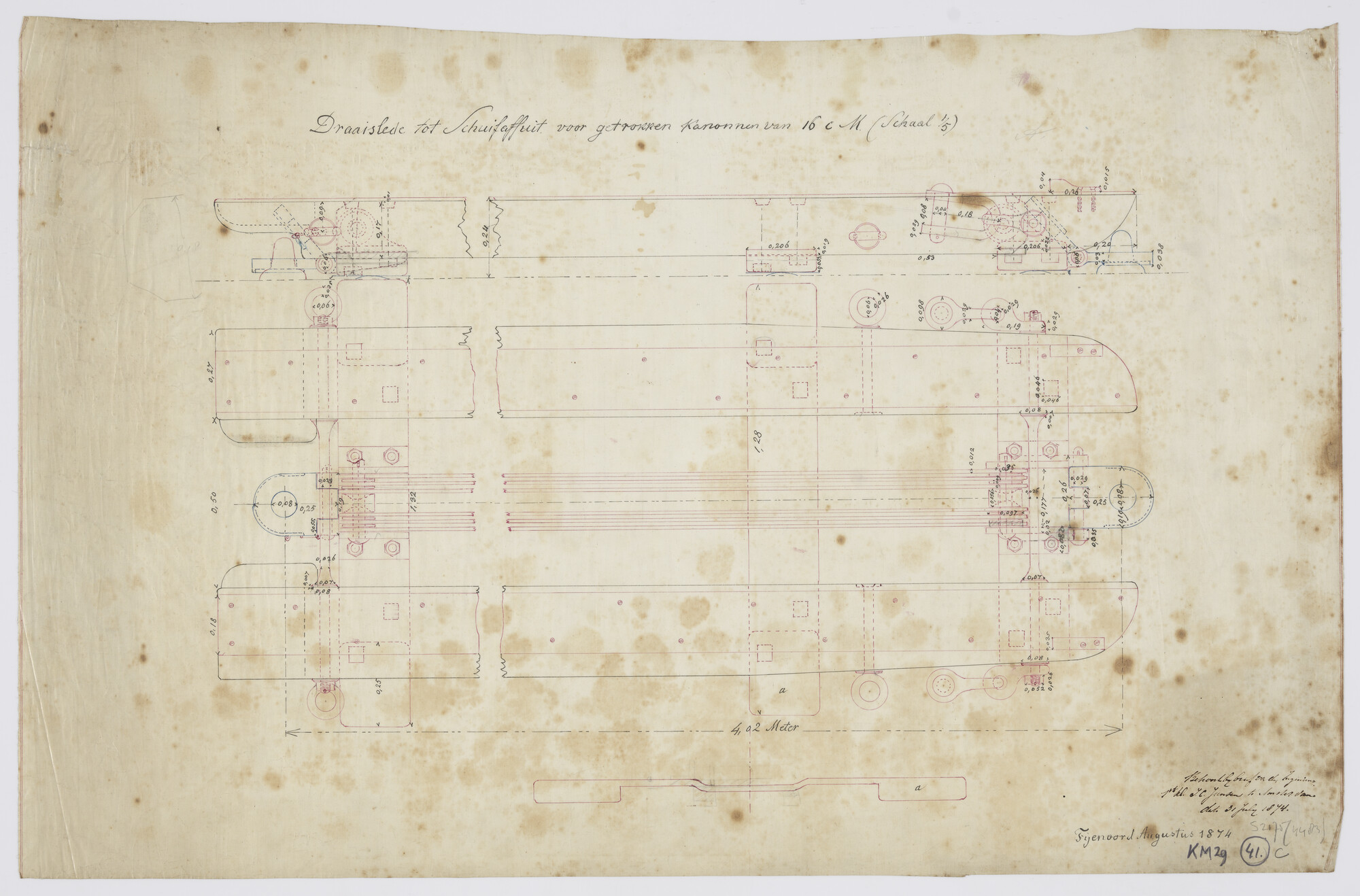 S.2175(4483); Draaislede tot schuifaffuit voor getrokken kanon 16 cm; technische tekening