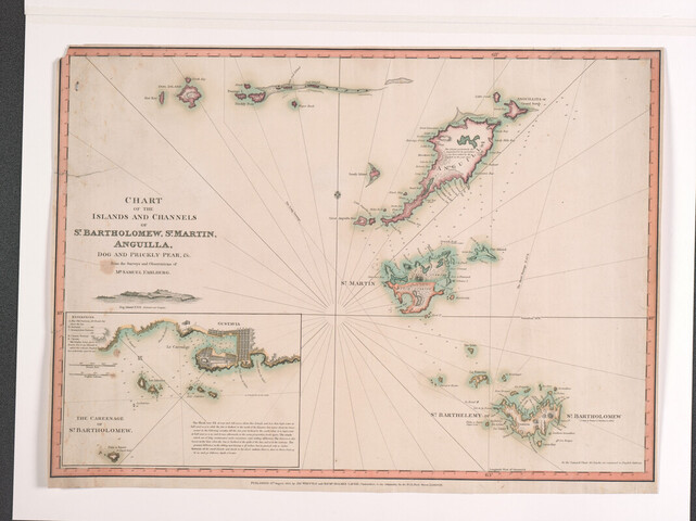 S.0521(133); Met de hand gekleurde kaart van de eilanden St Maarten, Anguilla & St Bartholomew; zeekaart