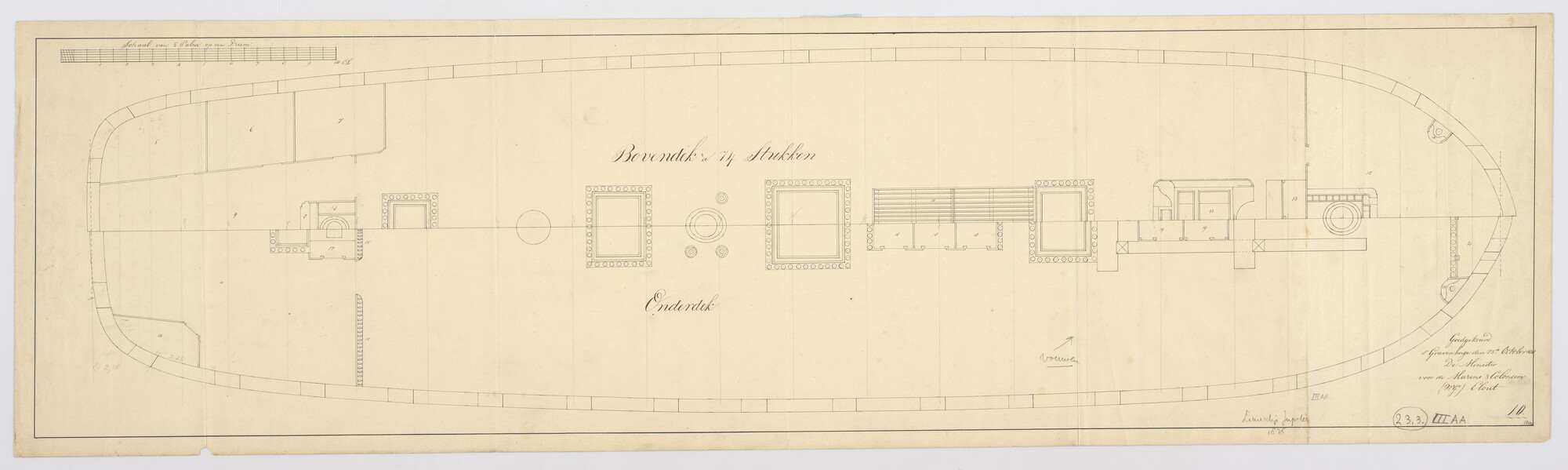 S.1214(0128); Dekplan van het linieschip 'Jupiter'; technische tekening