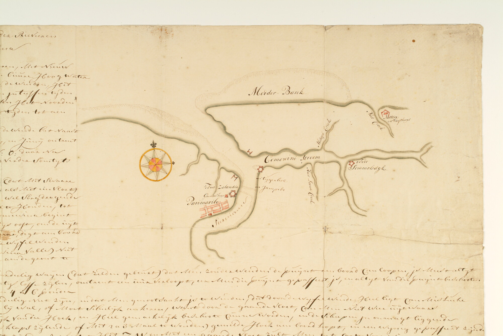 S.1973; Gekleurde handschriftkaart van een deel van de Suriname Rivier met de stad Paramaribo en een deel van de Commewijne Rivier, met een zeilaanwijzing in handschrift voor het aanlopen van de rivieren; landkaart