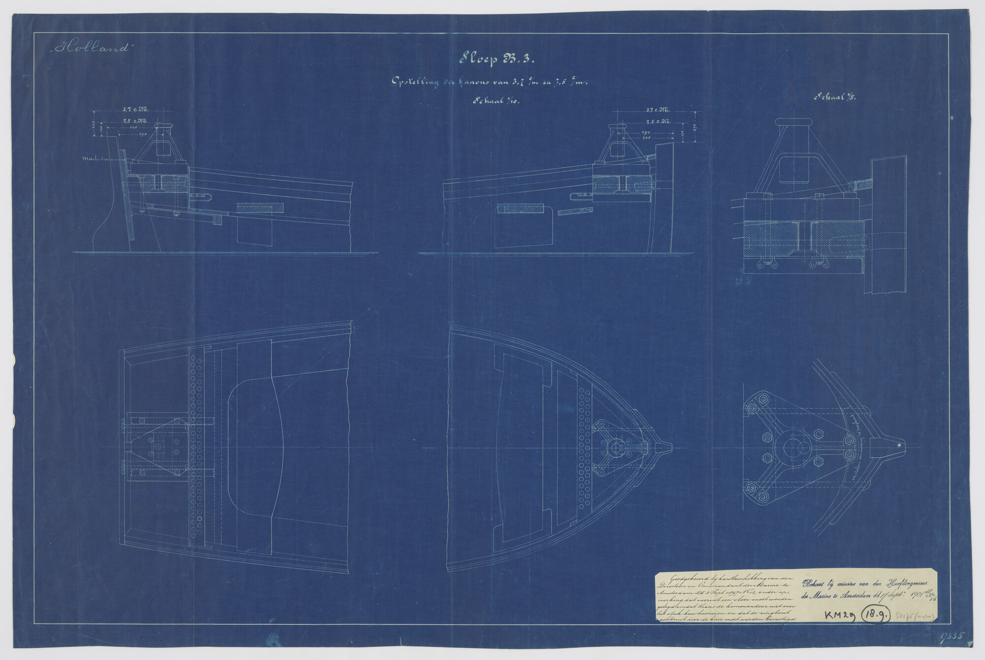S.2175(4420); Sloep B3 met opstelling kanons 3.7cm en 7.5cm van het pantserdekschip Hr.Ms. 'Holland'; technische tekening