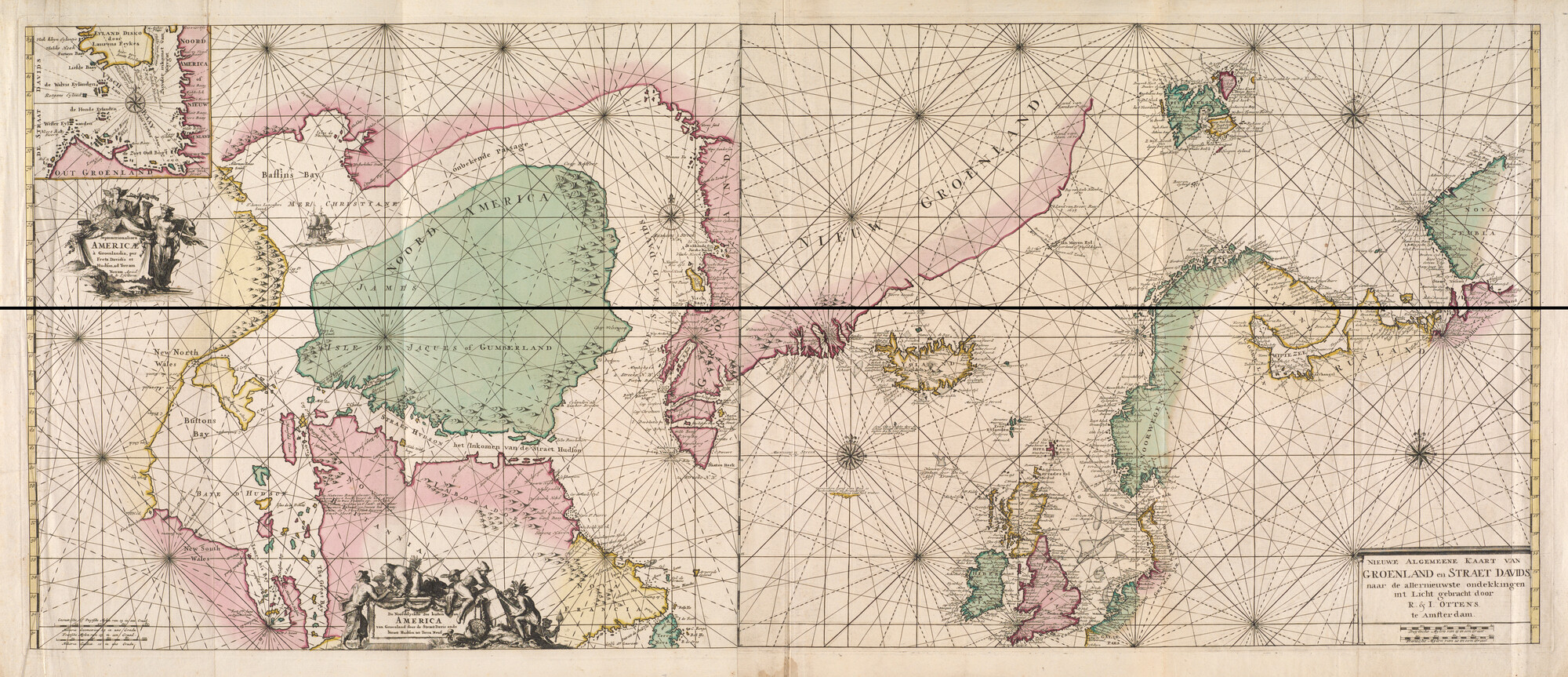 A.0145(211)146; Gekleurde kaart van de Noord-Atlantische Oceaan in twee bladen, met detailkaartje van de Visbaai; zeekaart