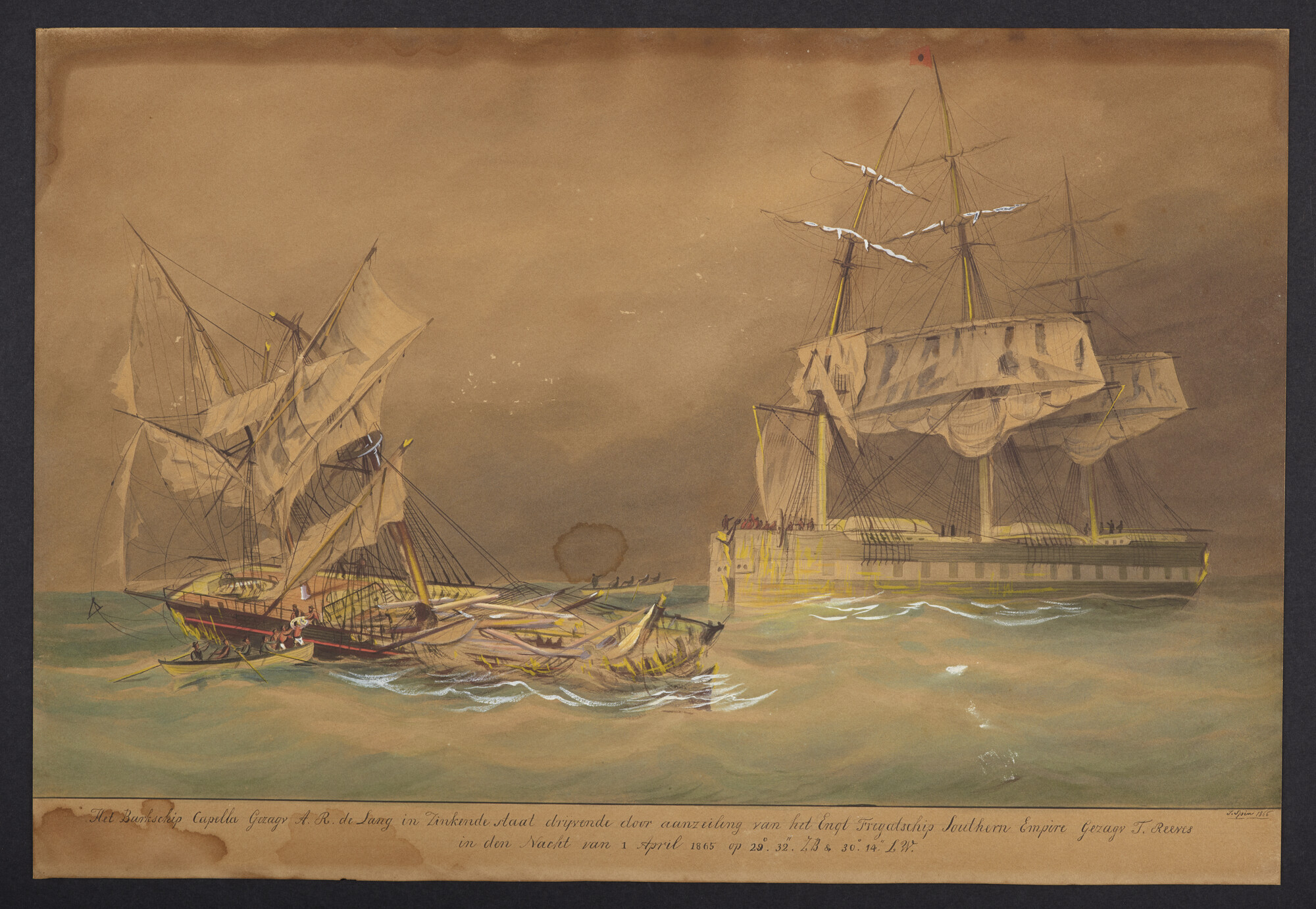 2020.0271; Het barkschip Capella in zinkende staat; tekening