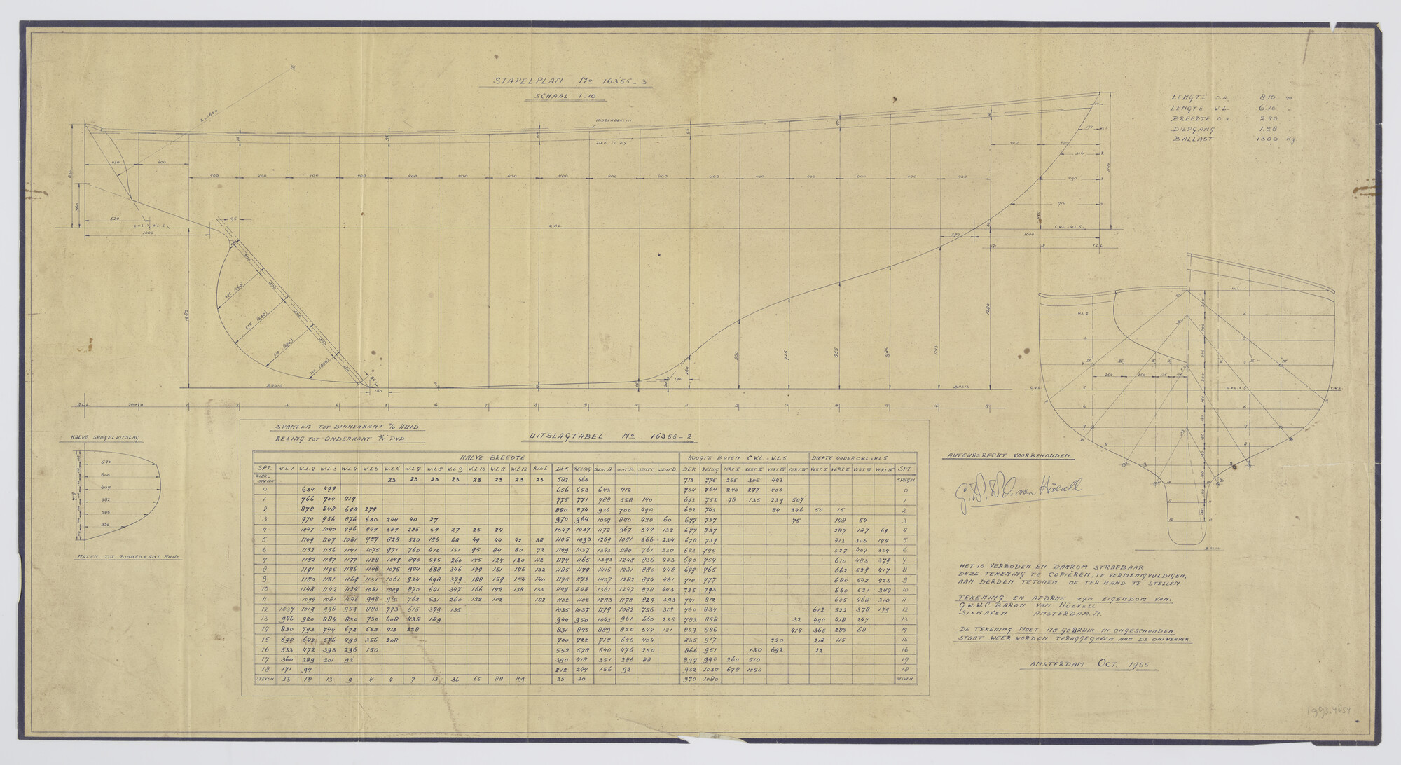 1993.4854; Stapelplan van de yawl 'Resolute'; technische tekening