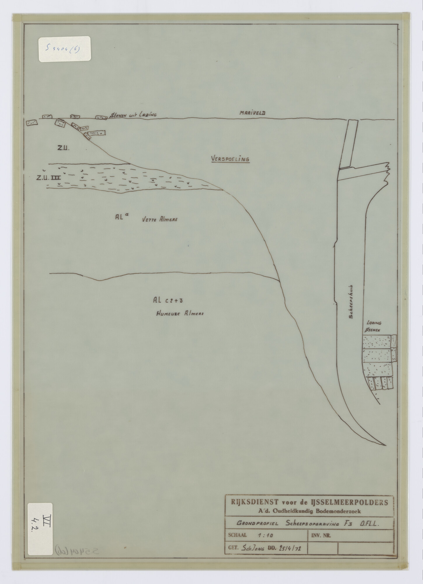 S.5404(06); Het grondprofiel van de wrakvondst van de Groninger tjalk van kavel F3; technische tekening