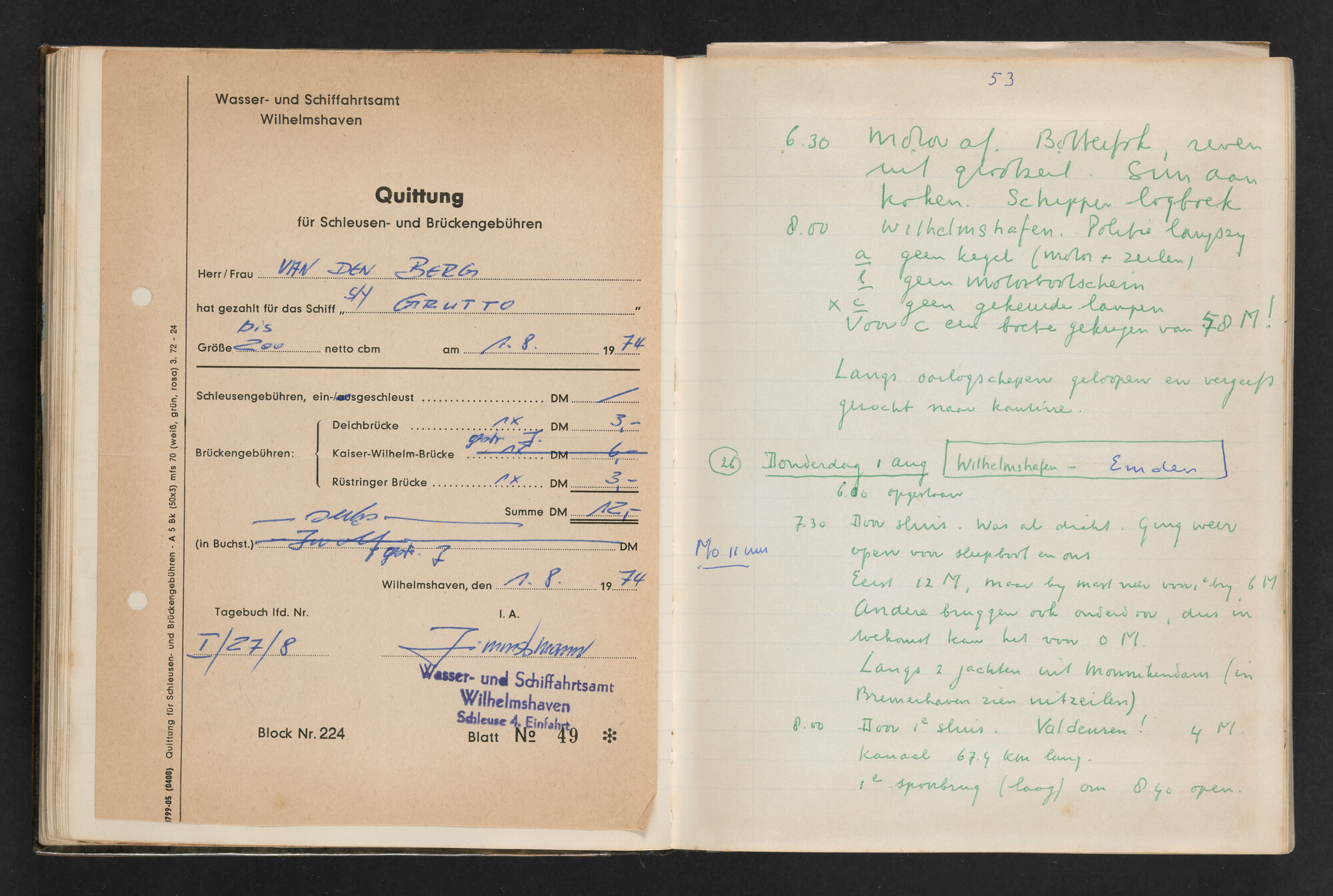2017.0802; Logboek c.q. fotoalbum van reizen met zeeschouw Grutto (II) in Nederland, Duitsland en Denemarken, 1973-1974; logboek