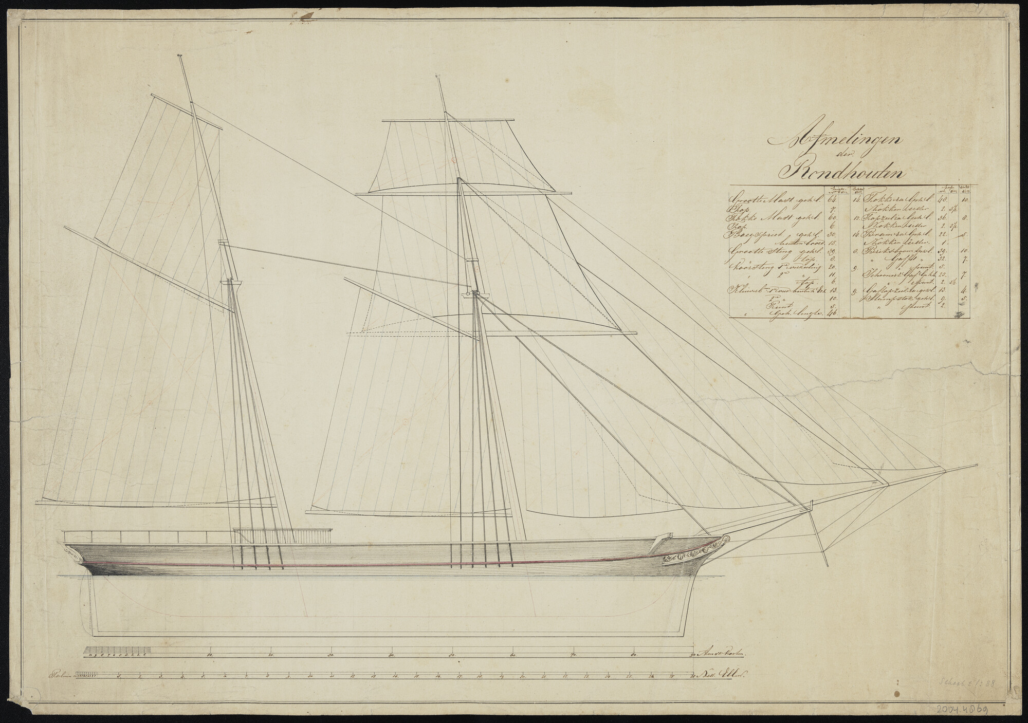 2004.4869; Tuigplan van de topzeilschoener 'Terschelling'; technische tekening
