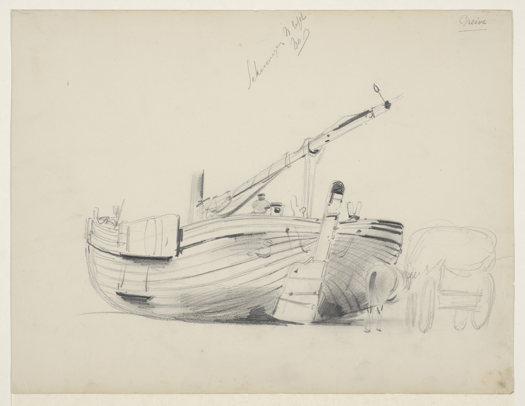 A.2054(03); Een bomschuit op het strand met rechts een wantwagen; tekening