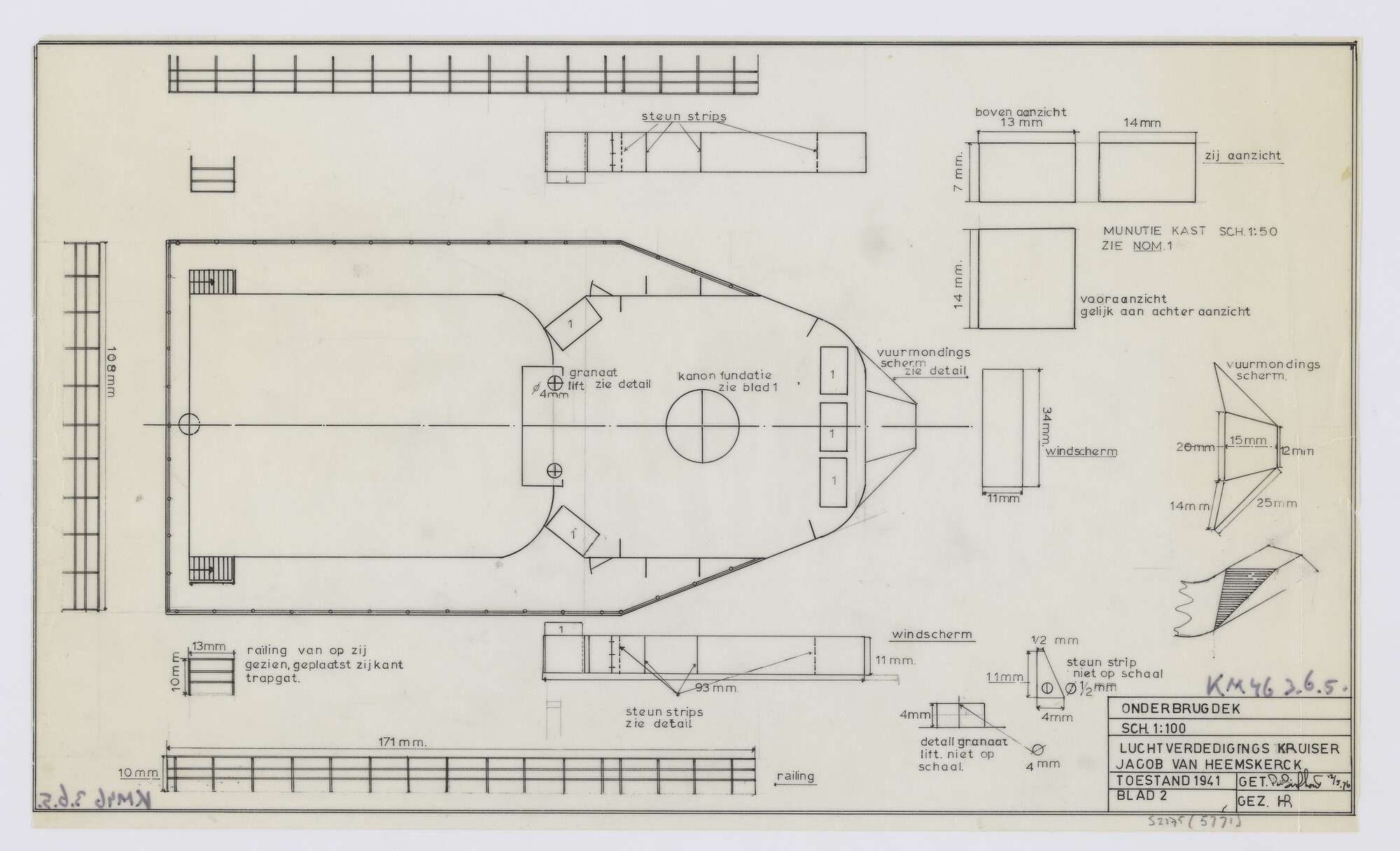 S.2175(5771); Doorsneden en aanzichten van het onderbrugdek van de luchtverdedigingskruiser Hr.Ms. 'Jacob van Heemskerck' (1941); technische tekening