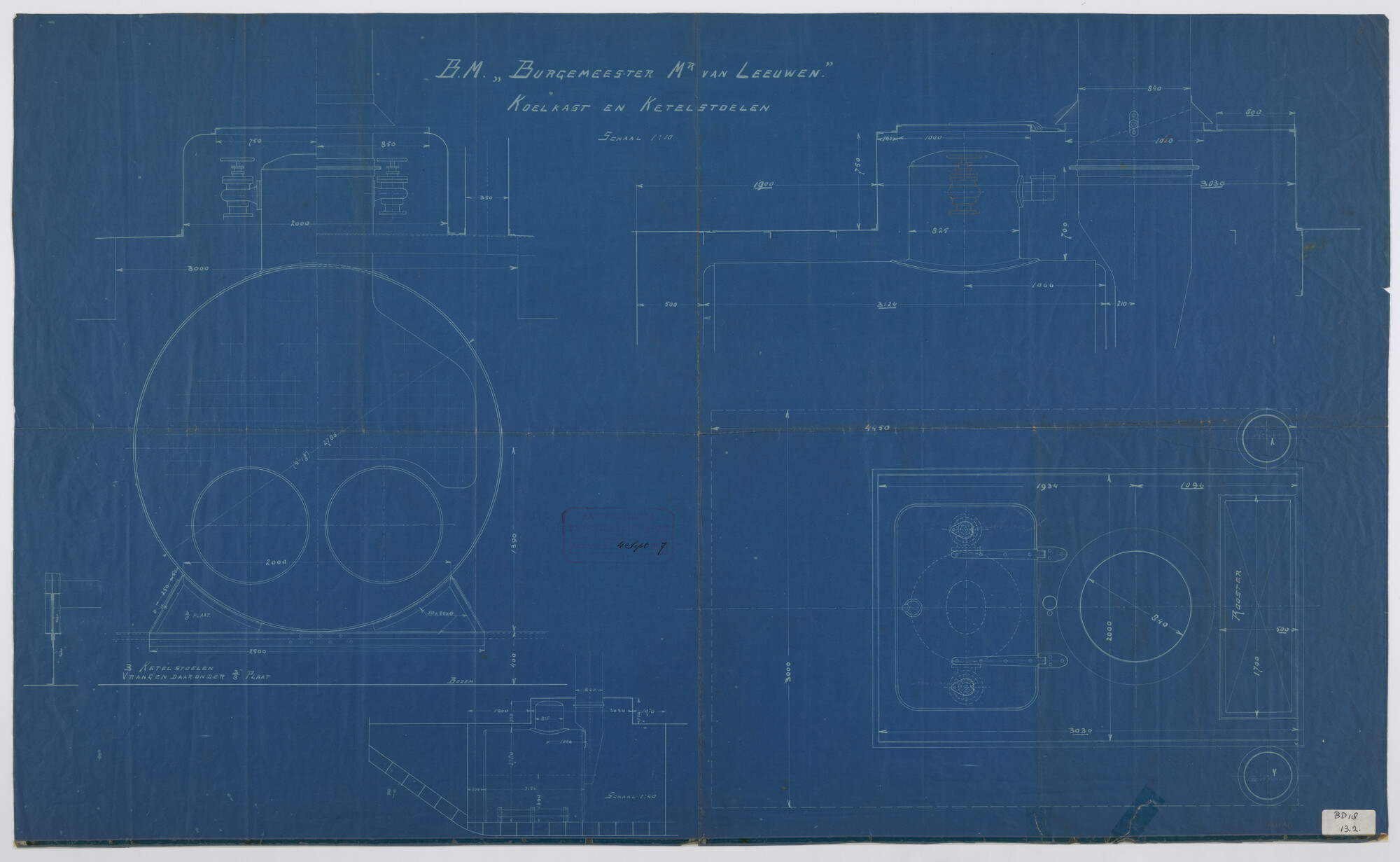 S.5181(689); Koelkast en ketelstoelen in de baggermolen 'Burgemeester Mr. Van Leeuwen'; technische tekening