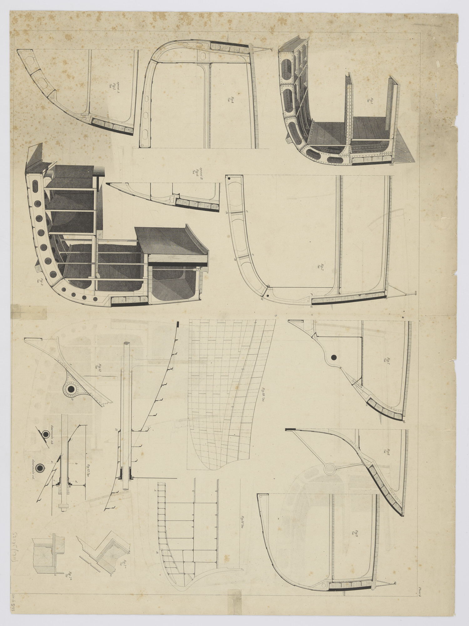 S.2175(1711); Een aantal voorstellingen van spanten, huidconstructiedelen, pantsergordel etc; technische tekening