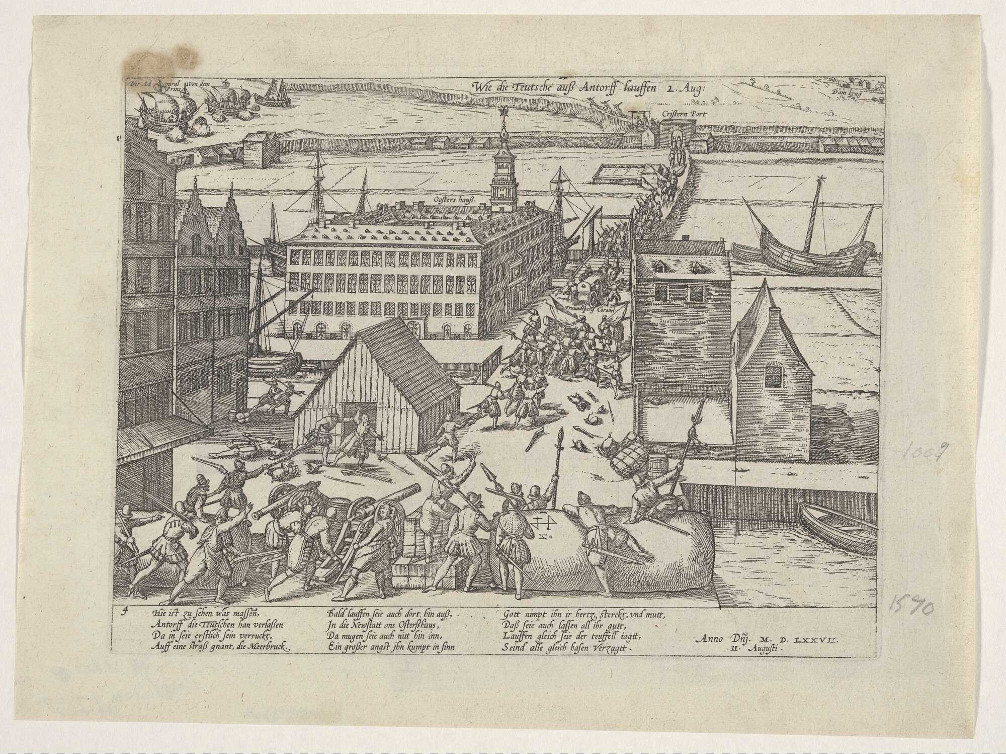A.0145(027)168; De Duitse troepen trekken uit Antwerpen, 2 augustus 1577; prent