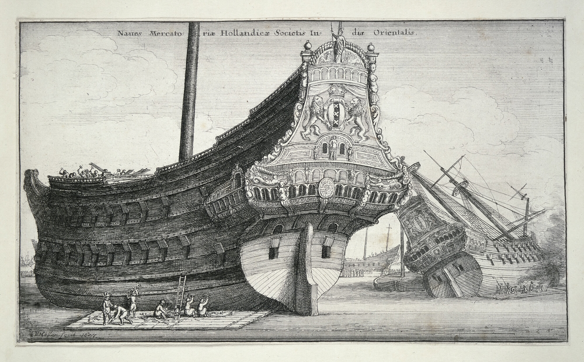 A.0149(0165); Het kalefaten van twee retourschepen van de VOC; prent