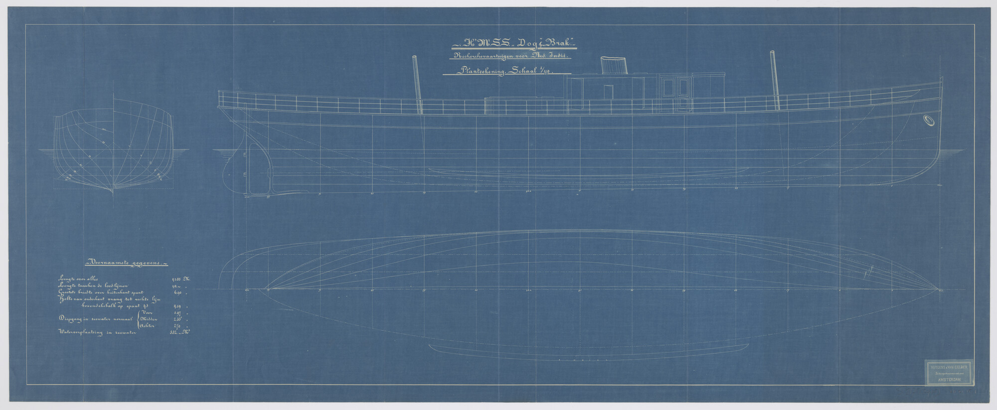 S.2175(2905); Lijnentekening en spantenraam van de stoomschepen voor de gouvernementsmarine Hr.Ms. Dog en Hr.Ms. Brak; technische tekening