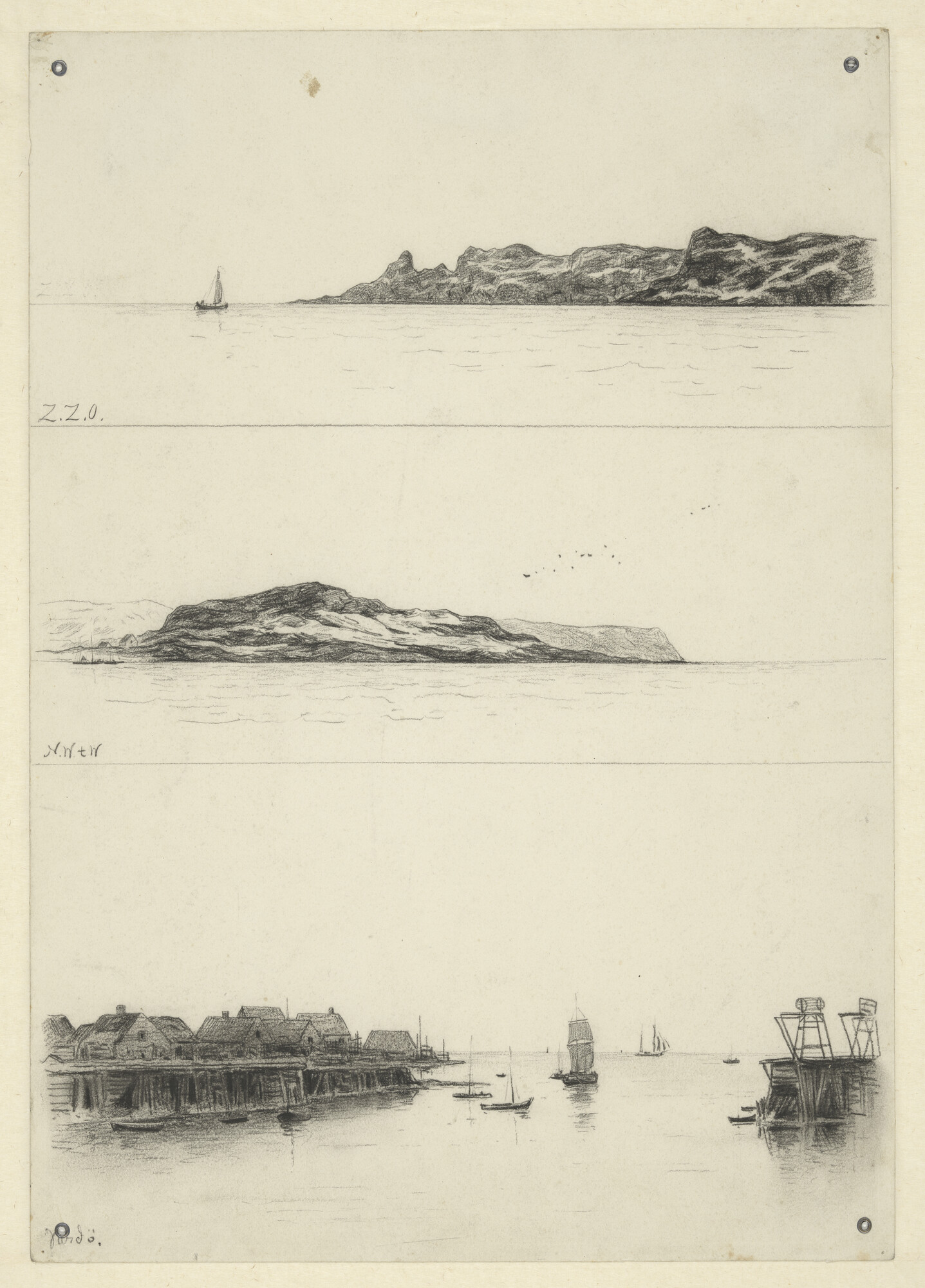 S.0394(05); Drie tekeningen op één blad: De Noordkaap, de fjorden en de haven van Vardö; tekening