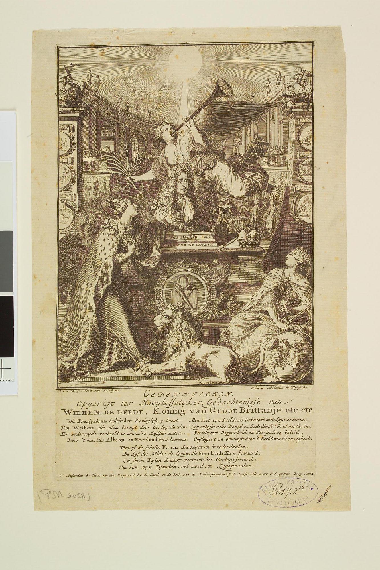 S.1804 [nr 0003]; Gedenkteken ter nagedachtenis aan stadhouder-koning Willem III; prent