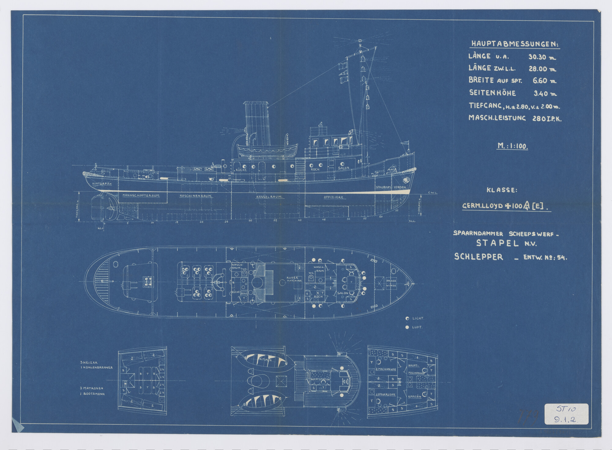 S.4827(1001); Algemeen plan van een sleepboot voor Rusland, 1941; technische tekening