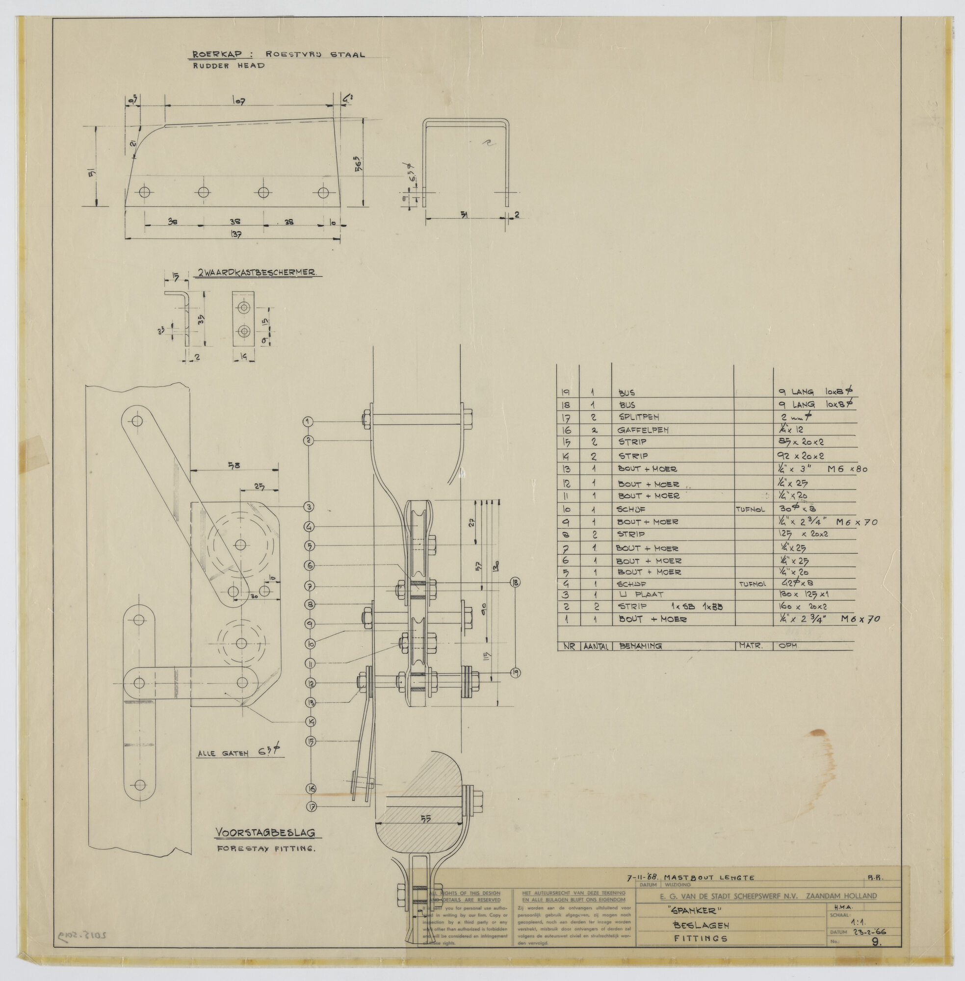 2015.5019; Beslagen van de open houten knikspant zeilboot met midzwaard Van de Stadt Spanker; technische tekening