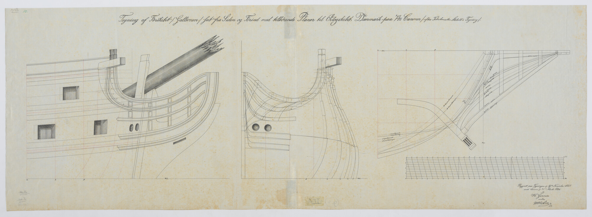 S.0247(11); Detailtekening van het voorschip van een Deens oorlogsschip van 74 stukken; technische tekening