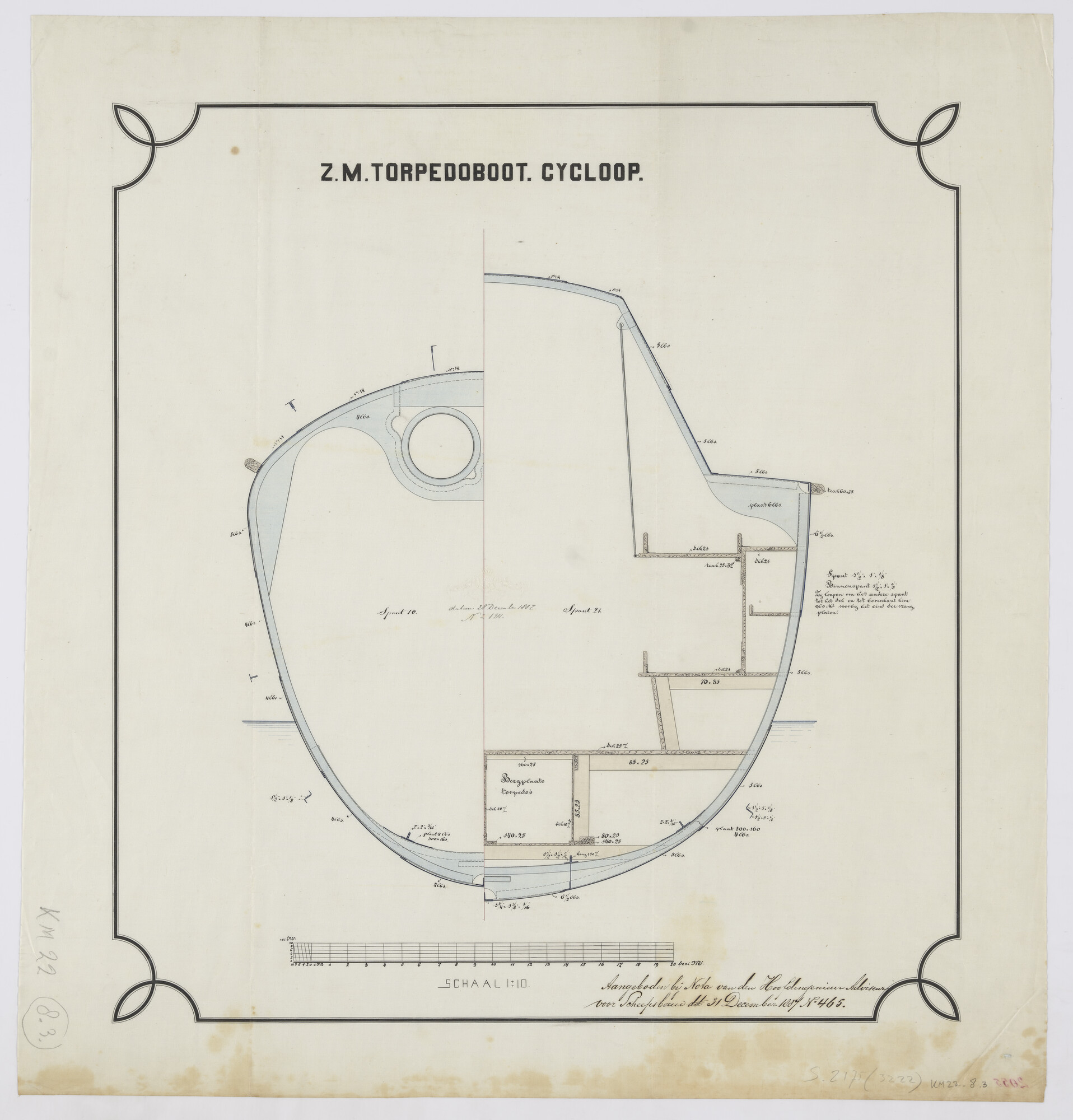 S.2175(3222); Twee halve doorsneden (spant 10 en spant 21) met bakboord-torpedolanceerinrichting; technische tekening