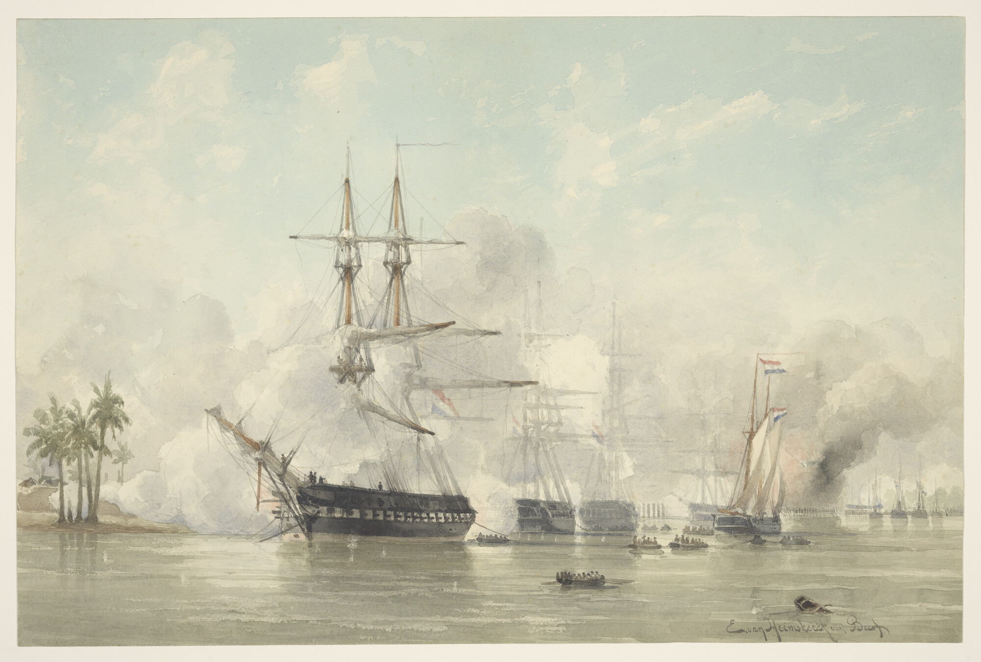 S.1172(01)e; De brik Irene in actie bij Palembang, 1819; tekening