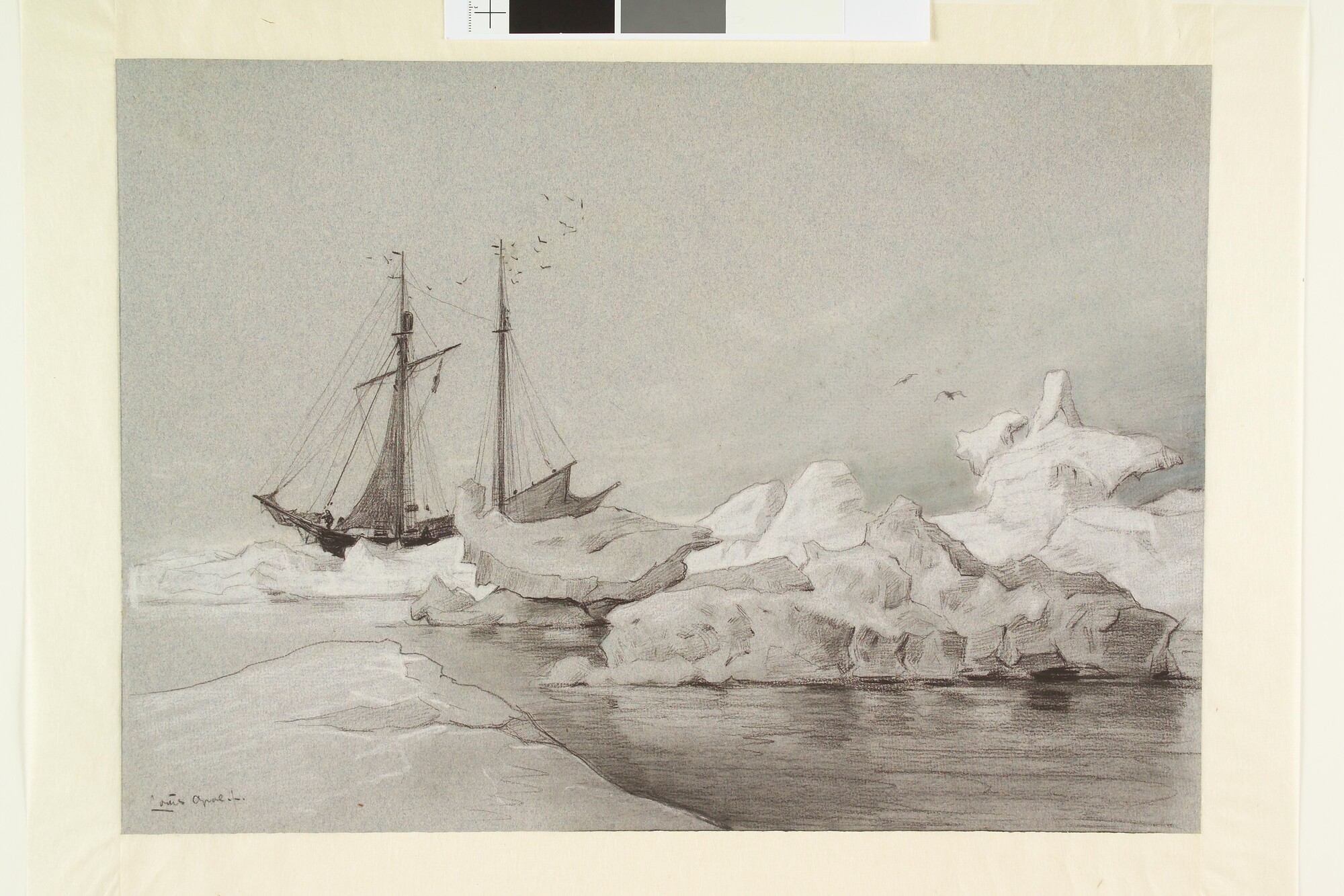 S.0394(04); De schoener 'Willem Barents', aan het ijs geankerd; tekening