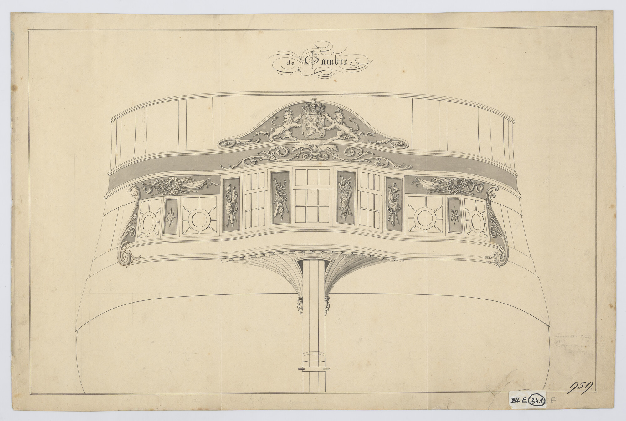 S.1214(0253); Spiegel van het fregat 'Sambre'; technische tekening