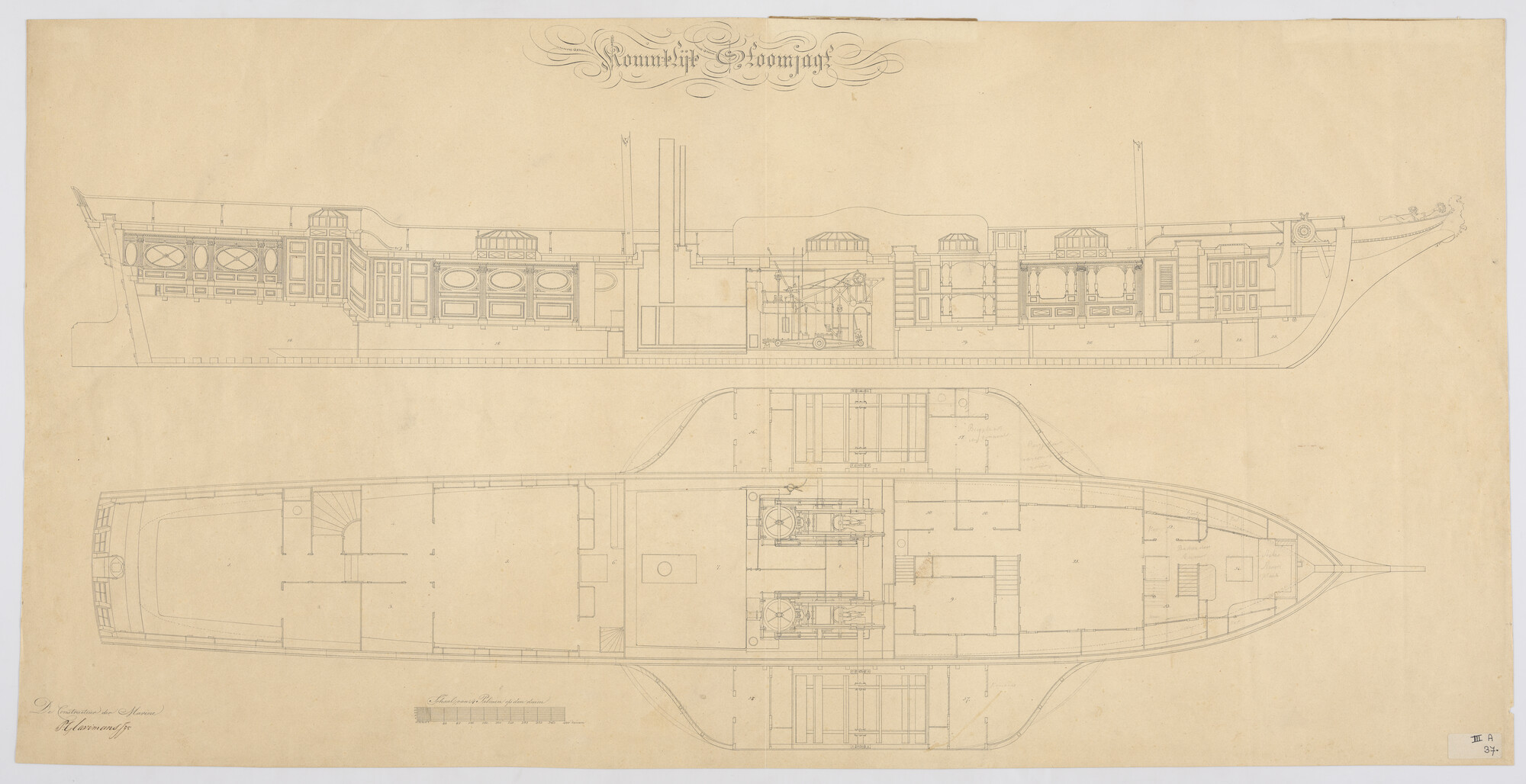 S.0600(01)067; Indelings- en dekplan van het Koninklijk stoomjacht 'Leeuw'; technische tekening