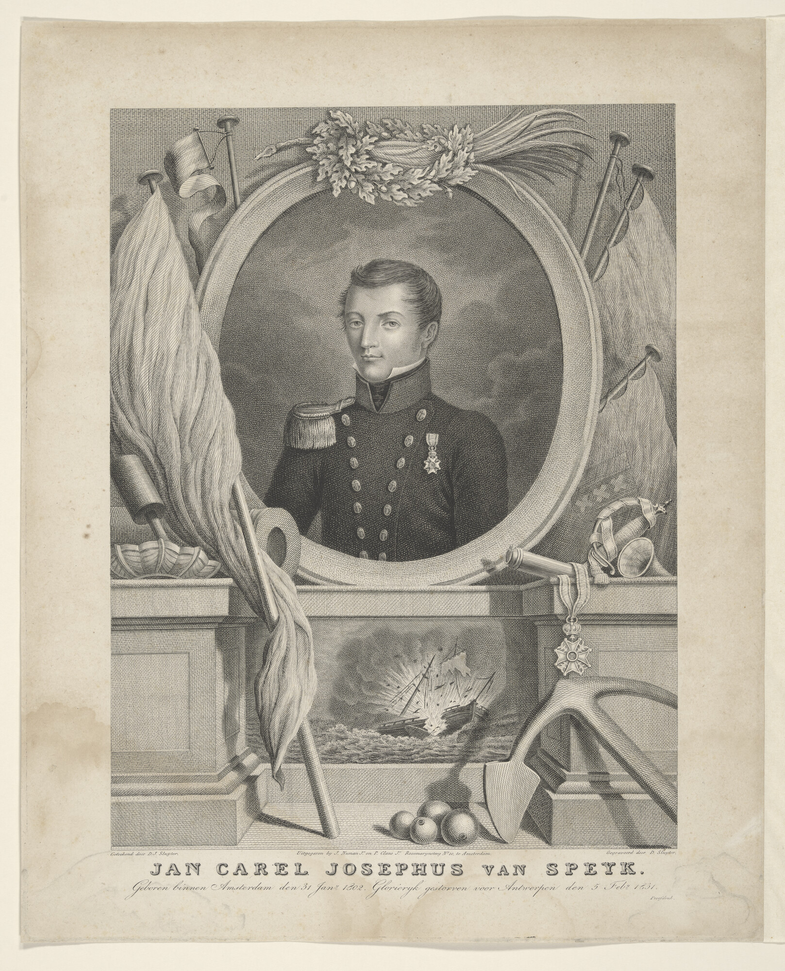A.0482(03)12; Portret van J.C.J. van Speijk in ovaal omgeven door vlaggen; prent