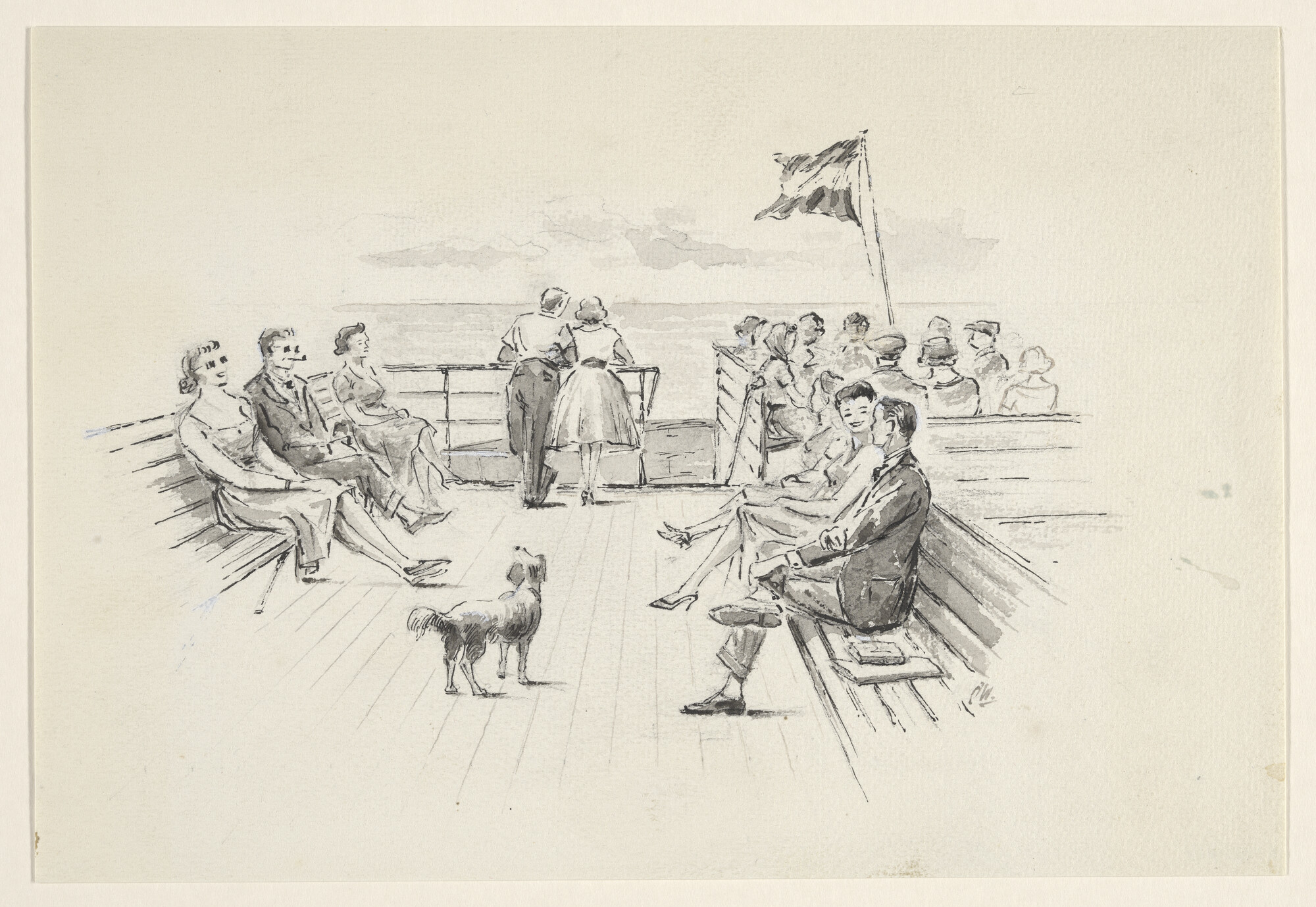 A.5290(12); Het zonnedek van het veerschip ms. Koningin Wilhelmina van de SMZ; tekening