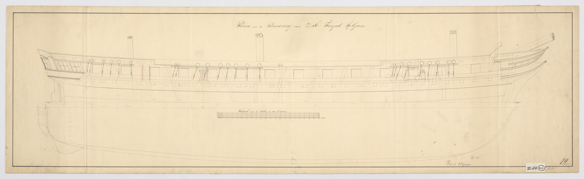 S.1214(0118); Zijaanzicht van het fregat Zr.Ms. 'Algiers'; technische tekening