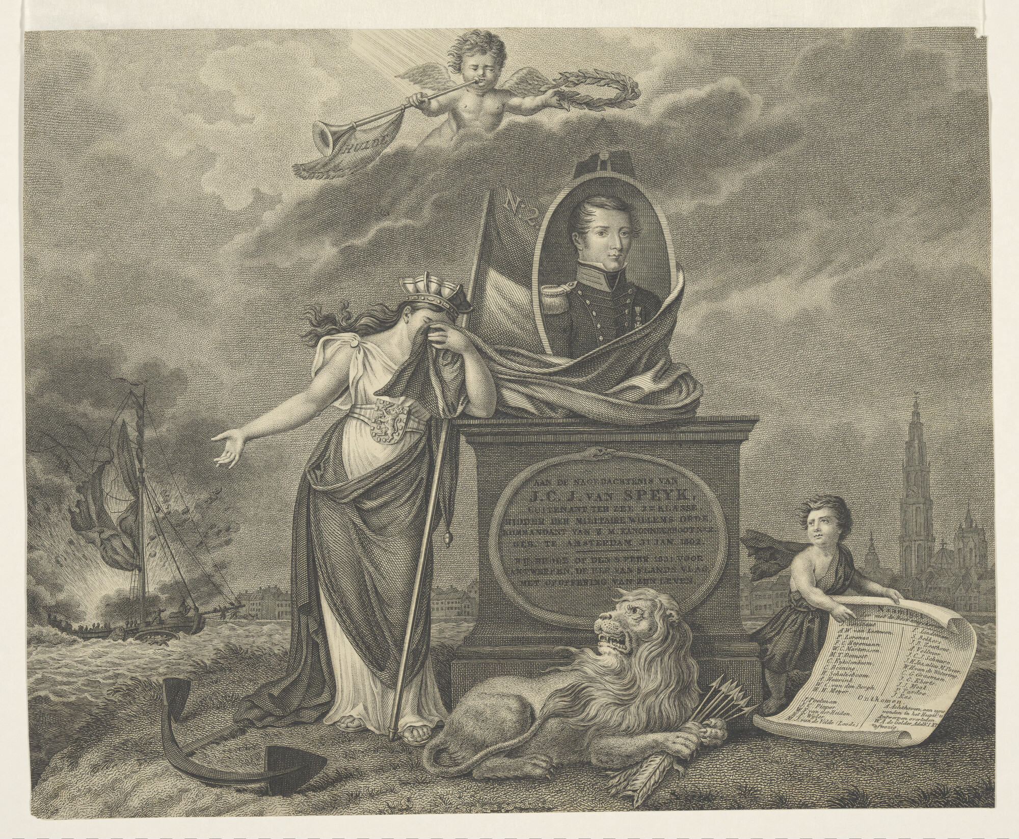 A.0482(03)13; Zinneprent, een portret van Van Speyk met de wenende Nederlandse Maagd en de Nederlandse Leeuw; prent