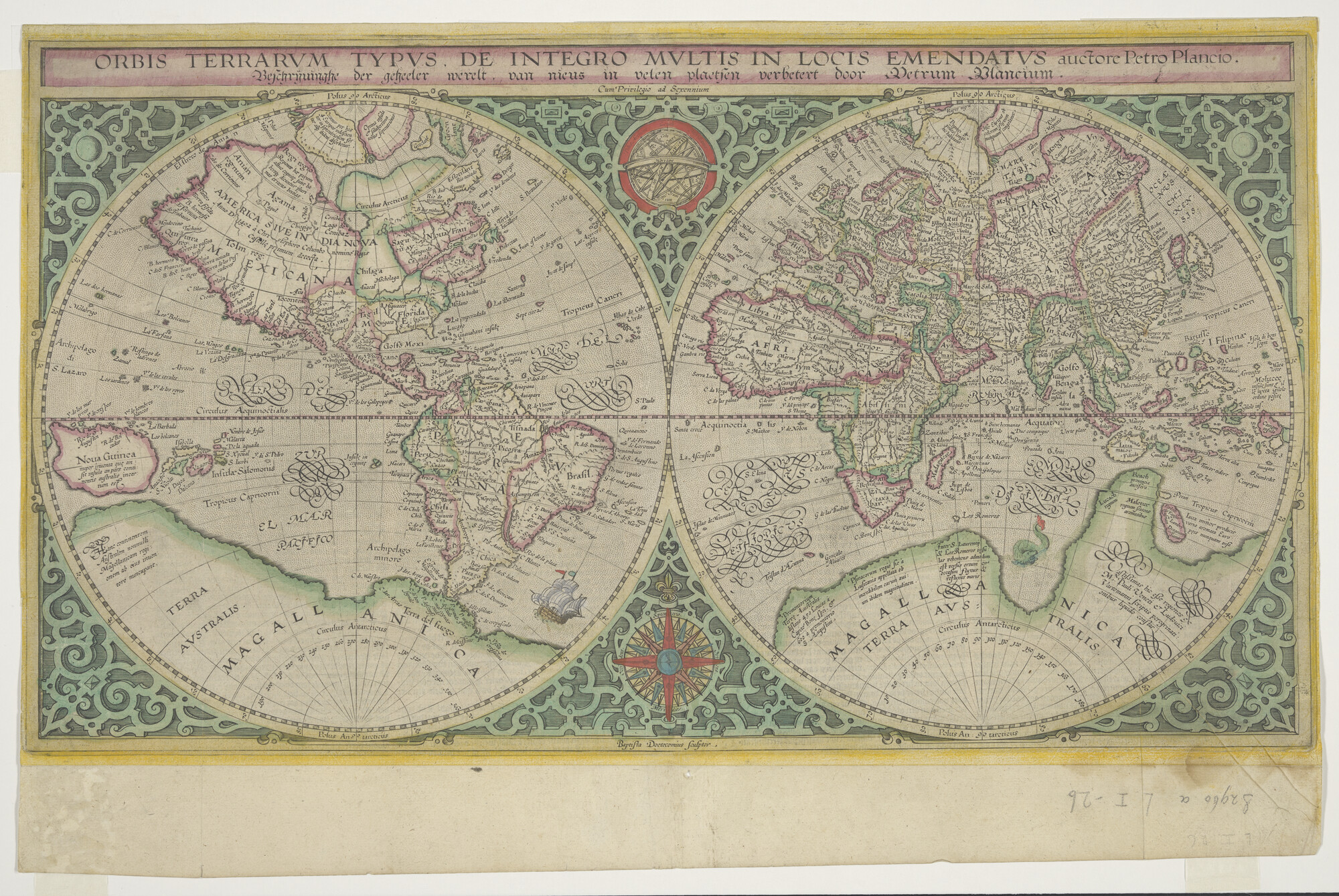 S.2960a; Met de hand gekleurde wereldkaart in twee halfronden; wereldkaart